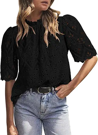 BETTE BOUTIK Womens Lace Tops 2025 Trendy Long Short Sleeve Eyelet Embroidered Dressy Casual Blouse Shirts