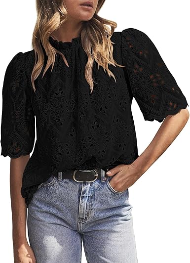 BETTE BOUTIK Womens Lace Tops 2025 Trendy Long Short Sleeve Eyelet Embroidered Dressy Casual Blouse Shirts