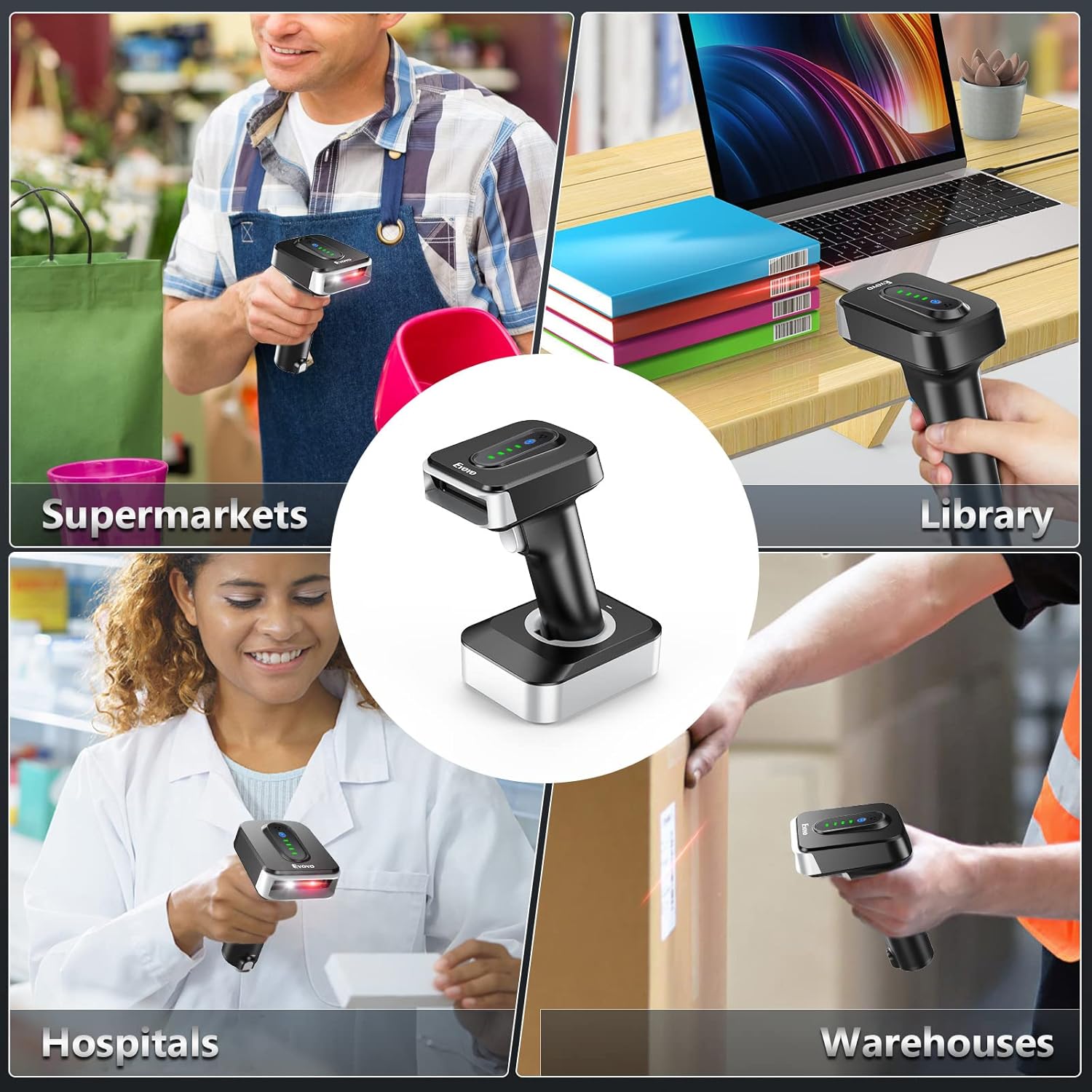 Image displaying multiple functions of the EYOYO barcode scanner, including language support and prefix/suffix addition.