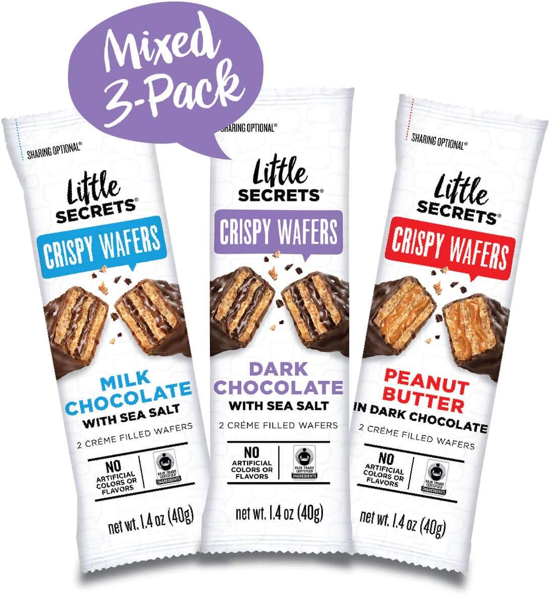 Little Secrets Crispy Wafers, Sea Salt and Peanut Butter Flavors, Gourmet Dark and Milk Chocolate Candy, All Natural, Fair Trade Certified, No Artificial Dyes, Healthy Treats, (Variety 3 Snack Packs)