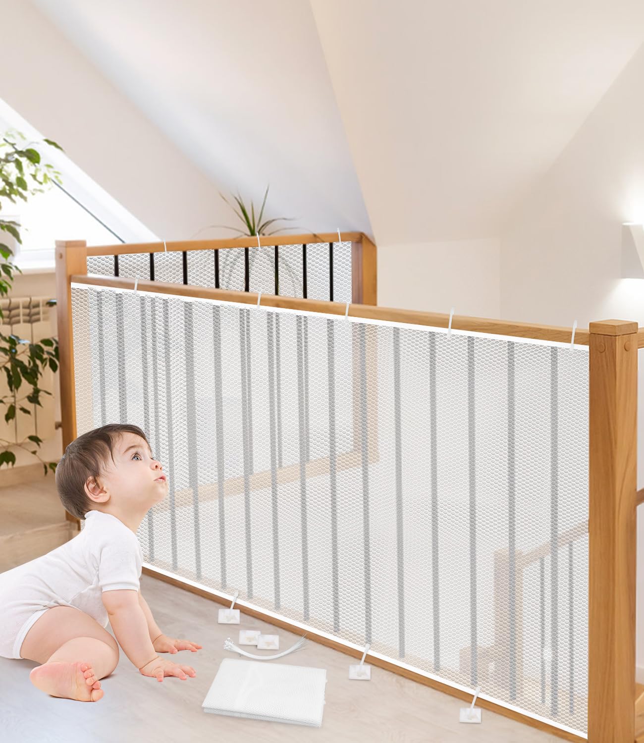 Red de Seguridad Infantil, Red de Seguridad Niños para Escaleras, Barandillas y Vallas, Red de Seguridad para Balcones robustas y Ajustable para niños, Mascotas y Juguetes, 300 x 90 cm, Blanco