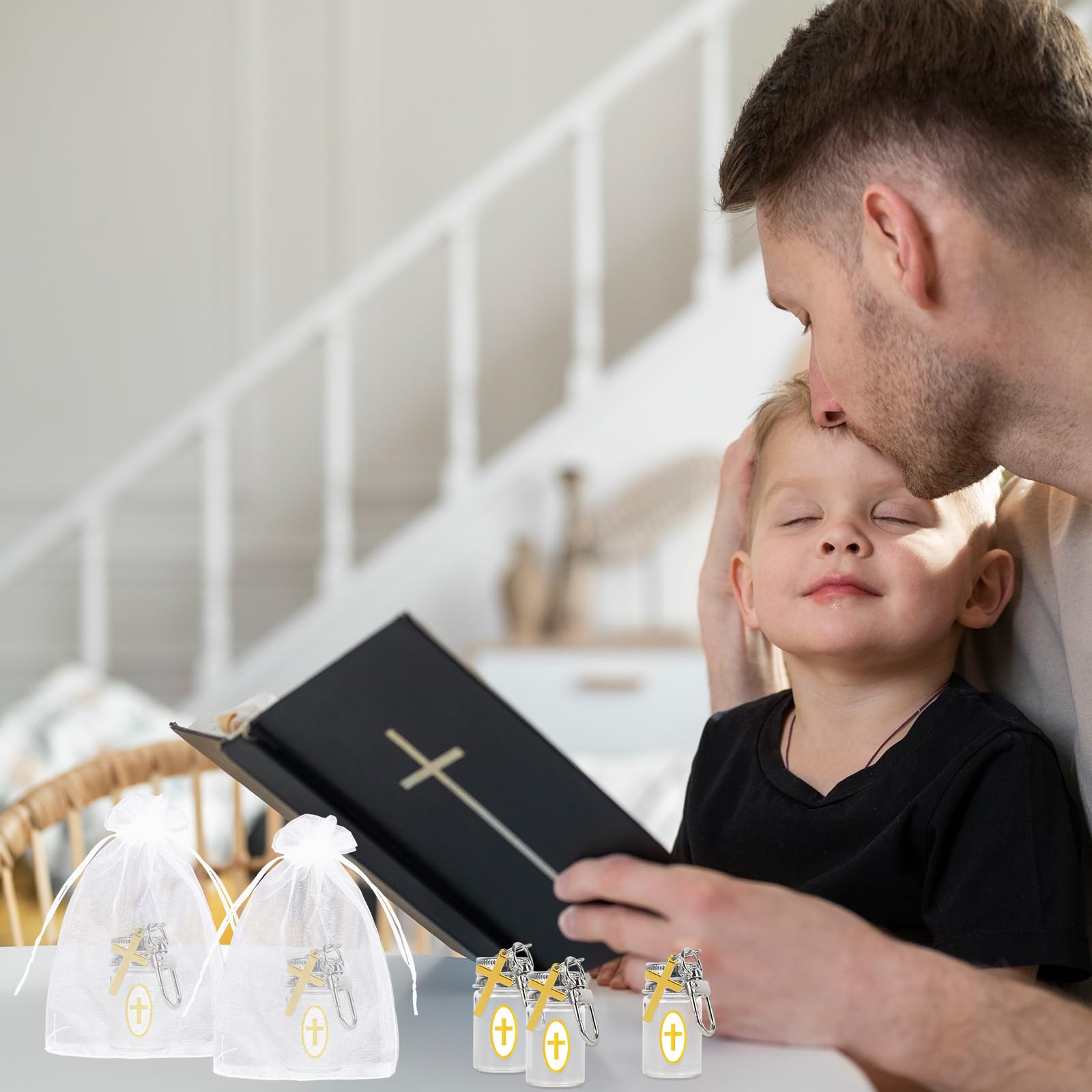 JarThenaAMCS Heilige Flasche, Taufgeschenke mit Organza-Beuteln, Goldkreuz-Aufkleber, 7 ml, leer, Glas, Heiliger Behälter, Wasserflasche für christliche Taufe, Geschenke, Kirche, Hochzeit, Taufe