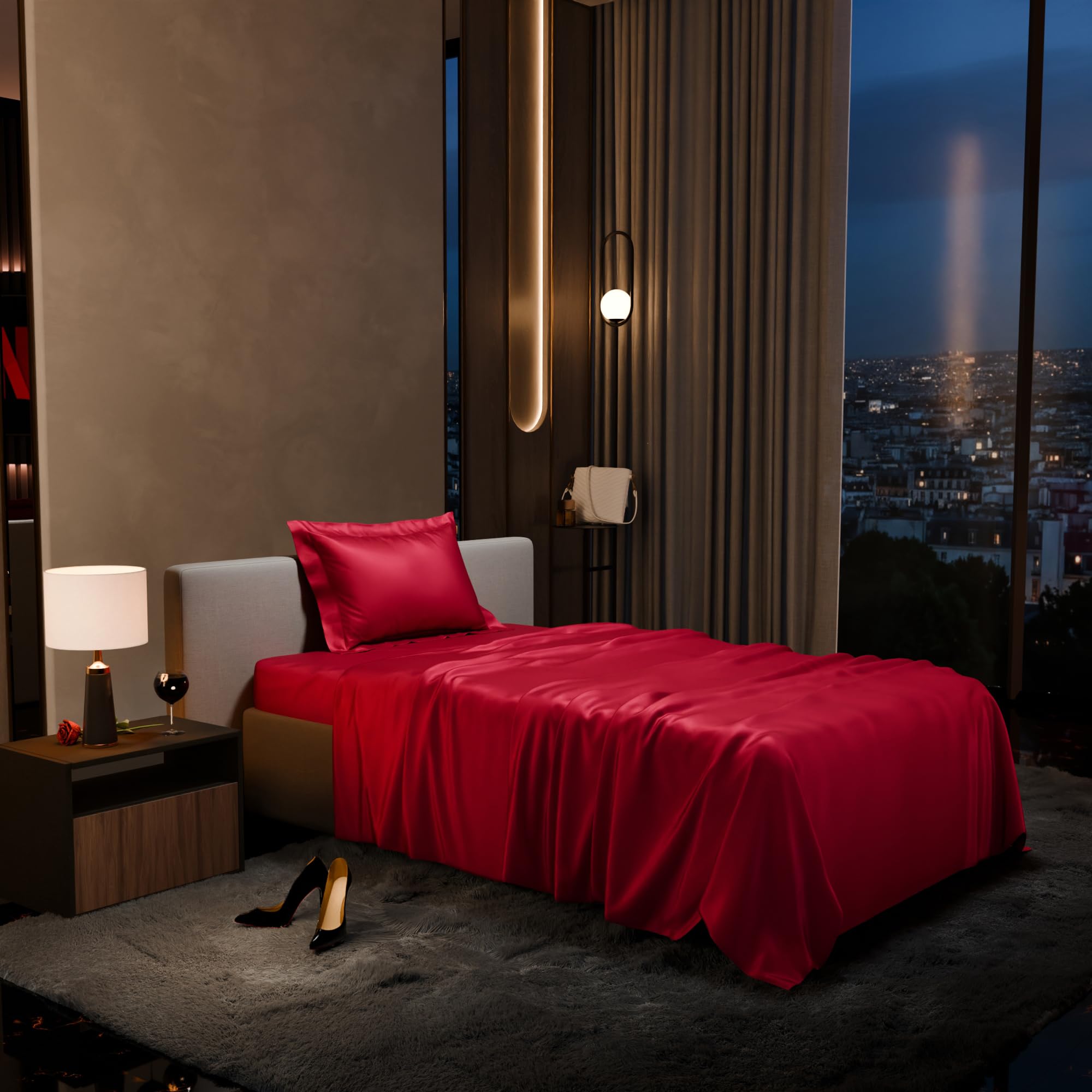 Stoa Paris 300 TC Satin Bedsheet Single Bed with Pillow Covers, Premium Ultra Satin Bedding Set, Gifts for Women, Couples, Wedding, Bedroom Home Furnishing, Date Night Collection - Flirty Red
