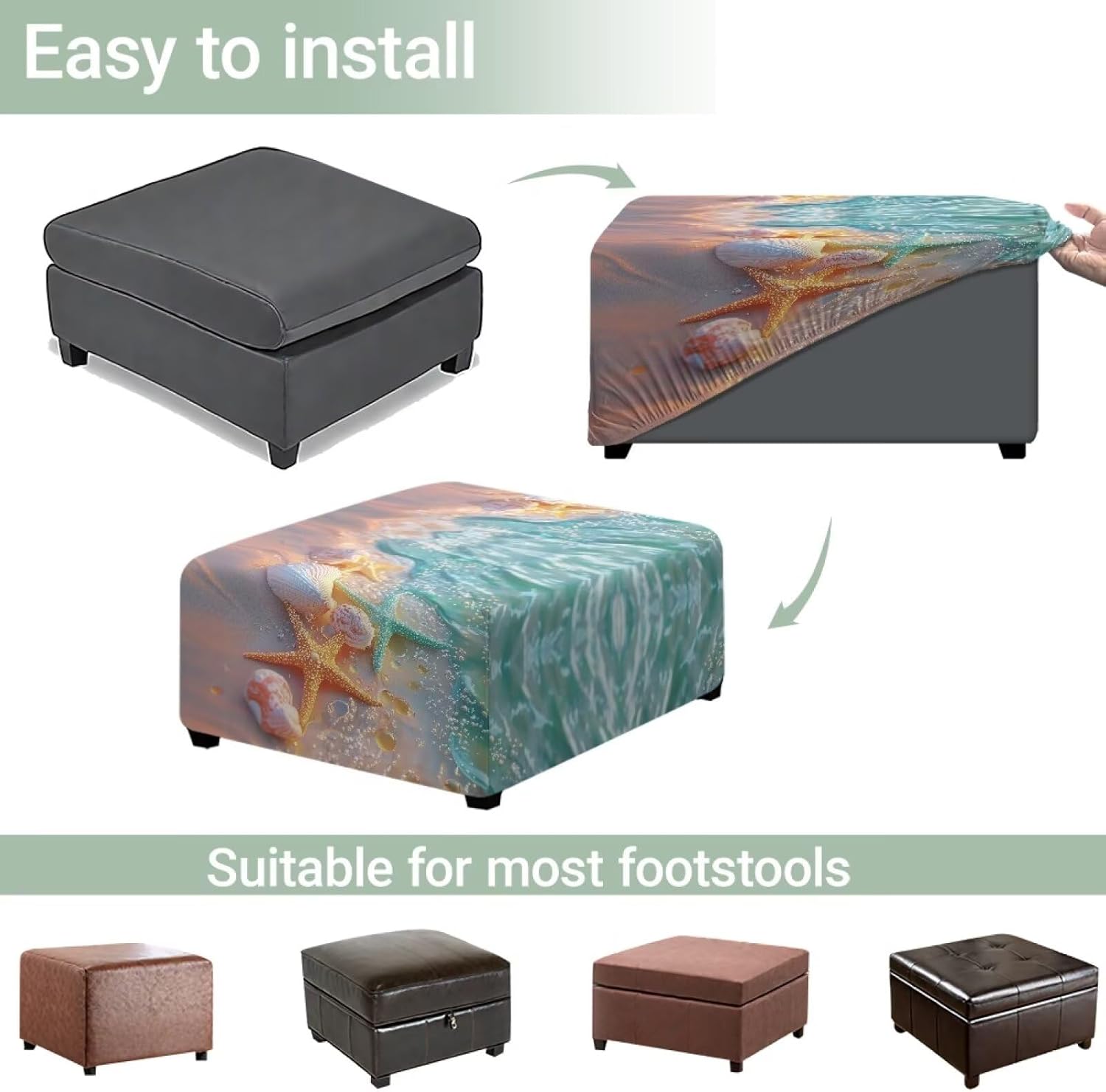 Shell Sarfish Ottoman Cover Square Stretch Removable Footstool Protect Footrest Covers Elastic Bottom for Living Room Decor Fit Length 17"-22"