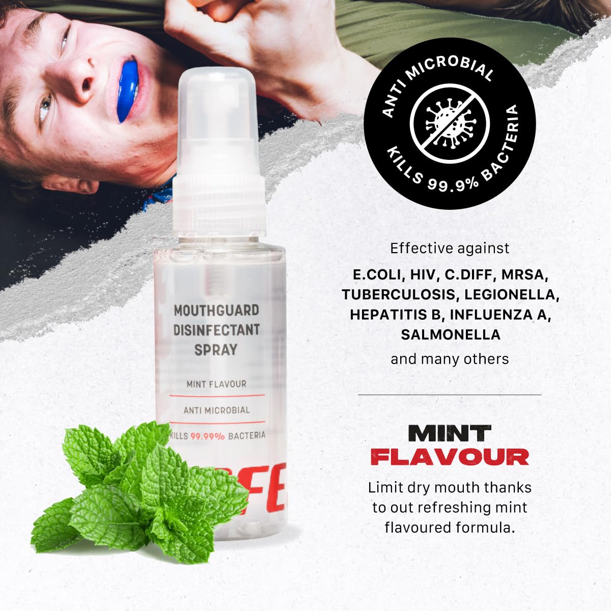 SAFEJAWZ – Protège-dents + Spray Désinfectant 50 Ml – Ultrafin, Réajustable, JawSecure – Rugby, Hockey, Arts Martiaux