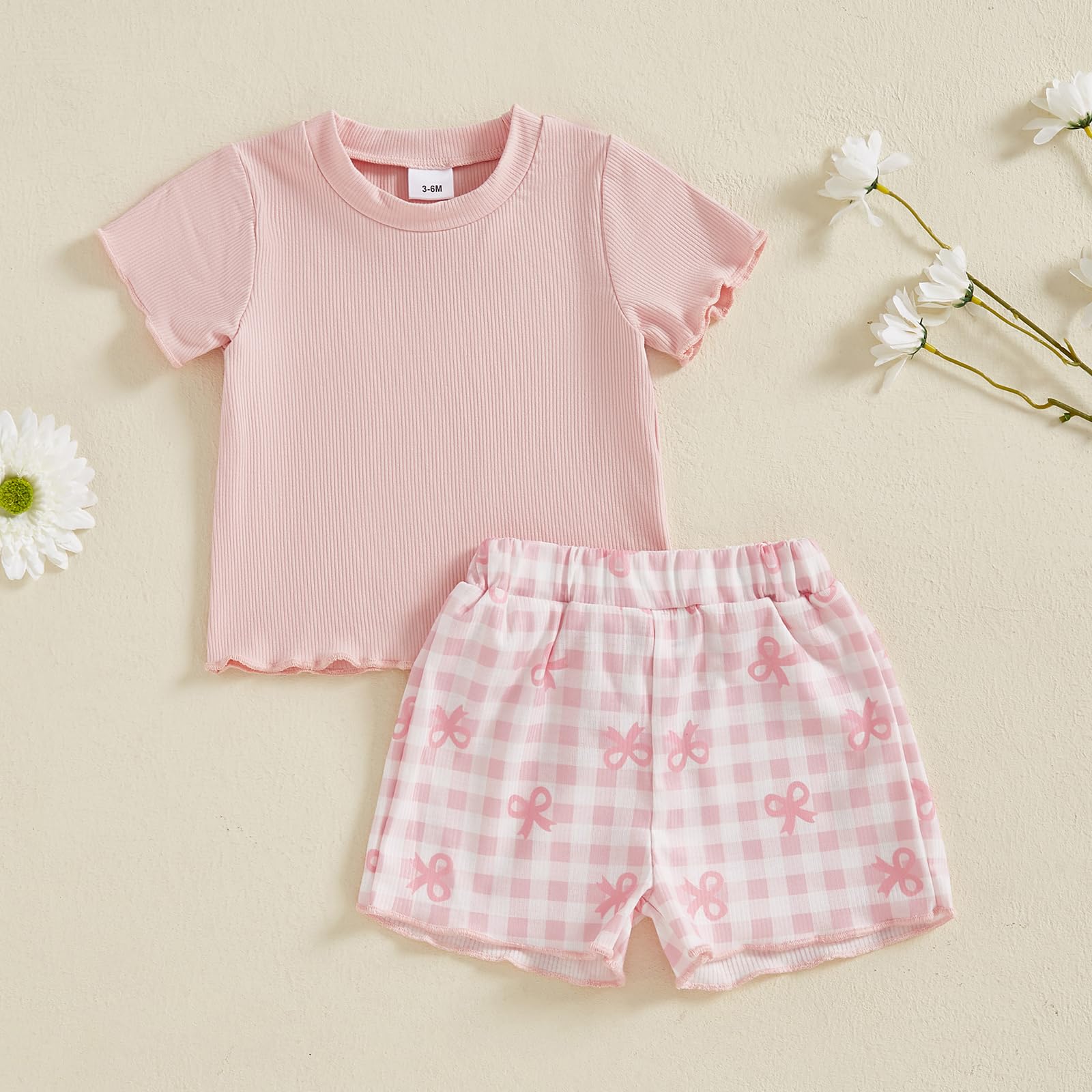 Erenella Toddler Baby Girl Summer Outfit Solid Color Crew Neck Short Sleeve Tops and Plaid Shorts Set Cute Outfits 2Pcs (A-Multi-Color, 2-3T)