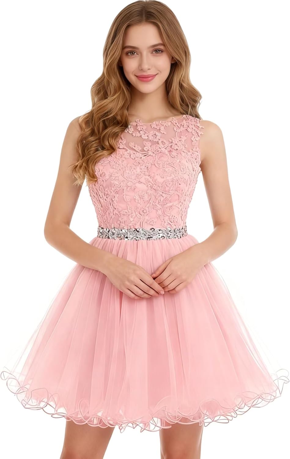 Dydsz Women's Lace Appliques Prom Dress Short Homecoming Dresses for Teens A Line Tulle Cocktail Ball Gown