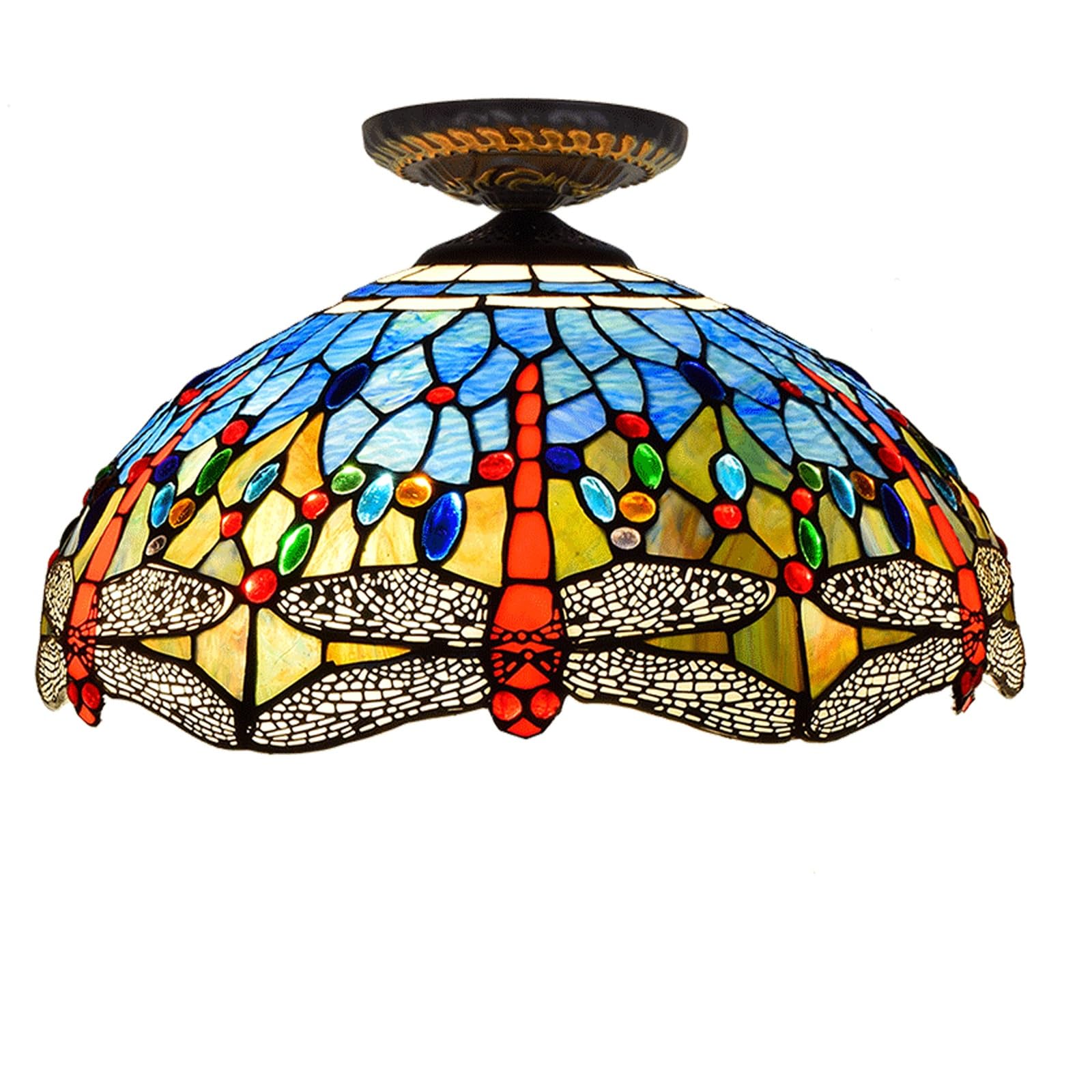HJRegaFimu 16 Inches Ceiling Light Stained Glass Chandelier Blue Dragonfly Vintage Decor Uplighter Lamp For Living Dining Room Corridor Bedroom