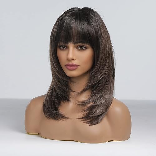 Miniatura 4 de HAIRCUBE - Pelucas de color marrón degradado para mujer, pelucas de capas con flequillo, resistentes al calor, pelucas sintéticas