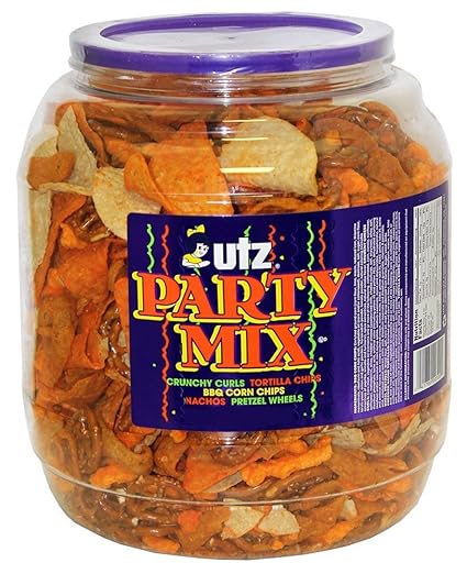 Utz Party Mix - 43 Ounce Barrel - Tasty Snack Mix Includes Corn Tortillas, Nacho Tortillas, Pretzels, BBQ Corn Chips and Cheese Curls, Easy and Quick Party Snack, Cholesterol Free and Trans-Fat Free