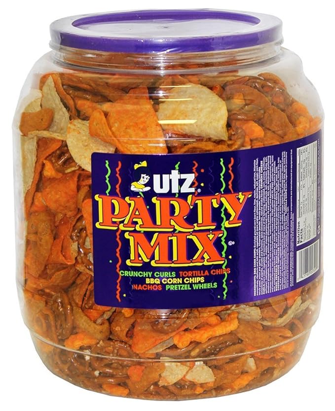 Utz Party Mix - 43 Ounce Barrel - Tasty Snack Mix Includes Corn Tortillas, Nacho Tortillas, Pretzels, BBQ Corn Chips and Cheese Curls, Easy and Quick Party Snack, Cholesterol Free and Trans-Fat Free
