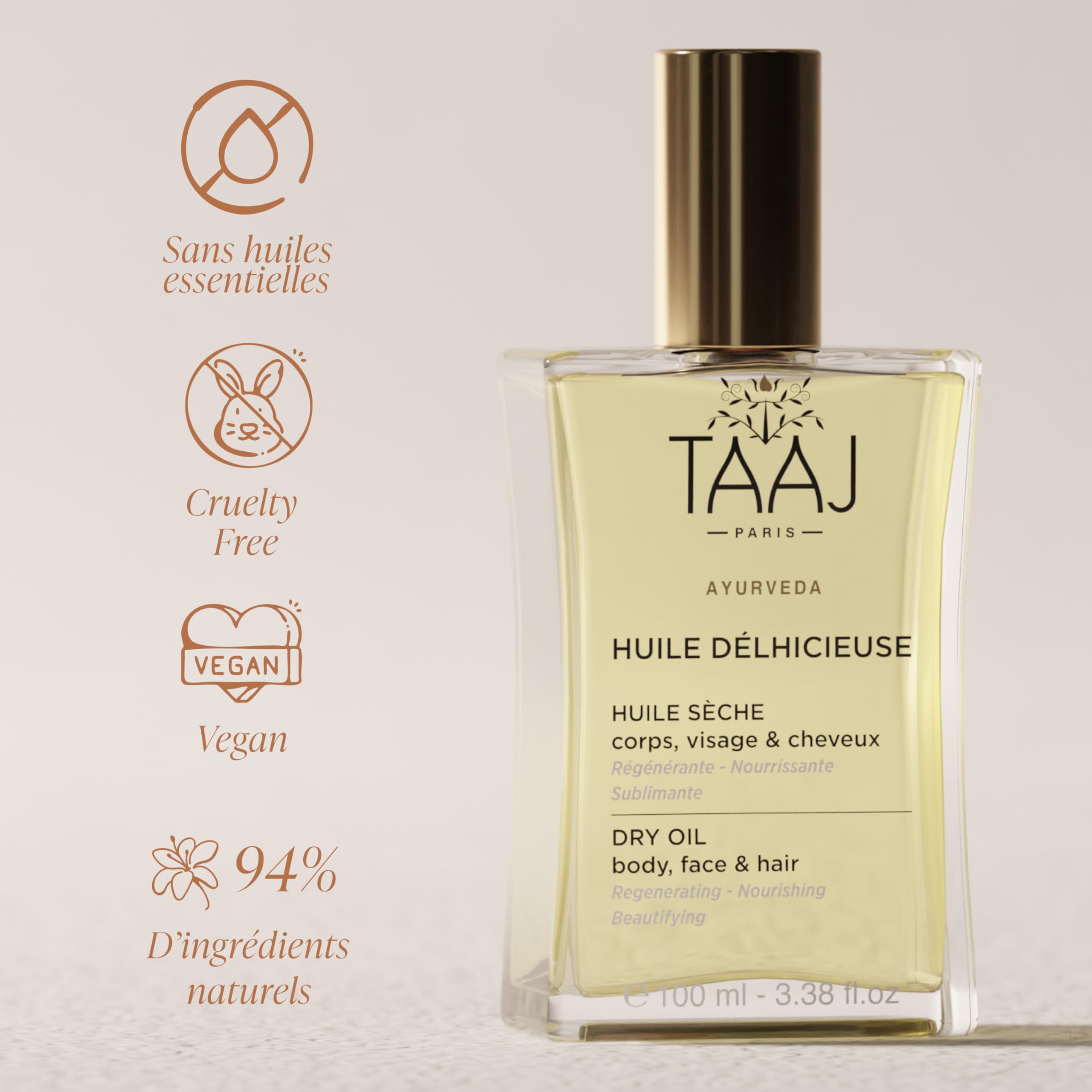 TAAJ | Huile Délicieuse | Huile sèche de Beauté | Corps, Visage & Cheveux | Nourrit, Protège & Revitalise la peau | Peau Satinée |Cheveux Réparés |96% d’ingrédients d’origine naturelle |Vegan | 100 ml