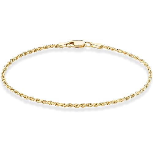 Miabella 18K Gold Over Sterling Silver Italian 2mm, 3mm Diamond-Cut Braided Rope Chain Bracelet for Men Women, Solid 925 Made in Italy
