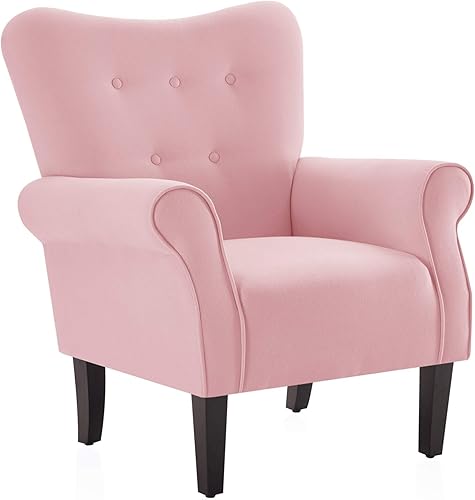 Miniatura 10 de BELLEZE Silla decorativa moderna, sillón de respaldo alto, silla lateral tapizada con respaldo alado, sofá individual acolchado con patas de madera