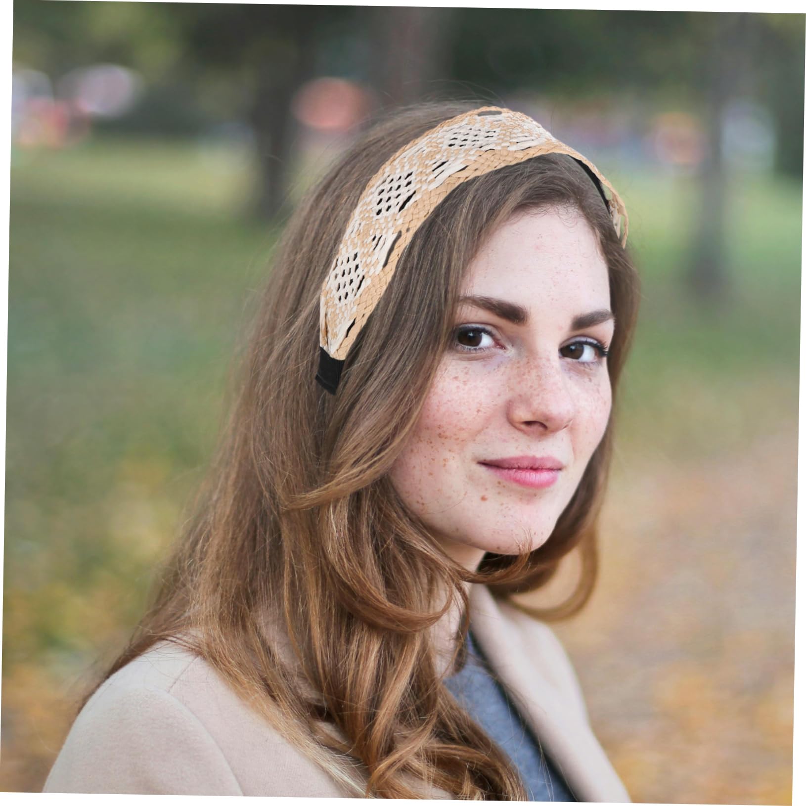 Bandeau Tissé Extra Large en Raphia Beige, Style Vintage
