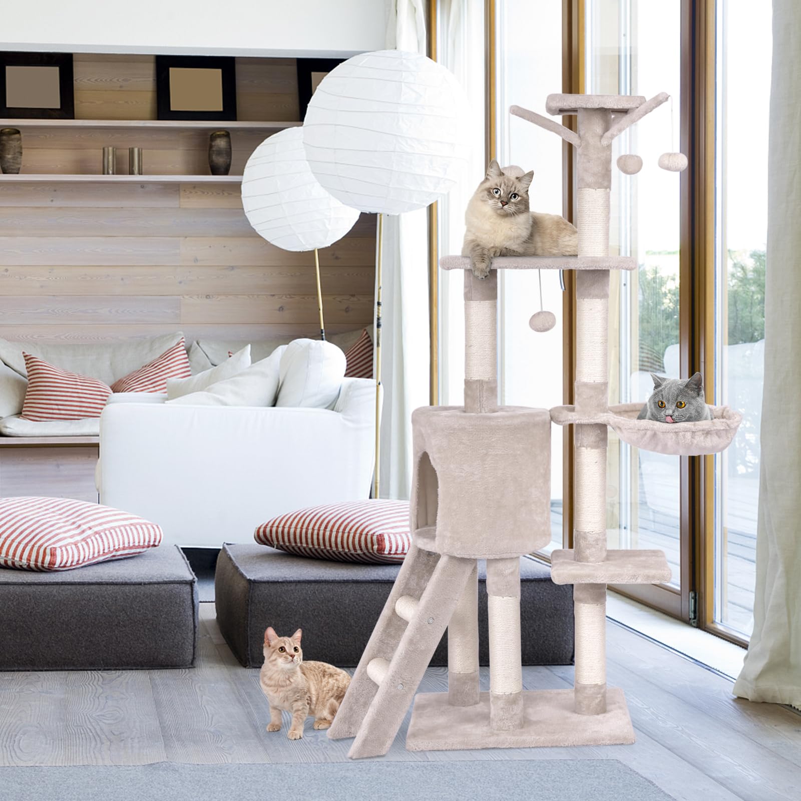 COSTWAY Árbol Rascado para Gatos de 140 cm de Altura, Torre Multinivel para Gatos con Postes de Sisal, Plataformas, Nido, Hamaca, Escalera y Bola, Centro de Actividades para Gatos de Interior, Beige