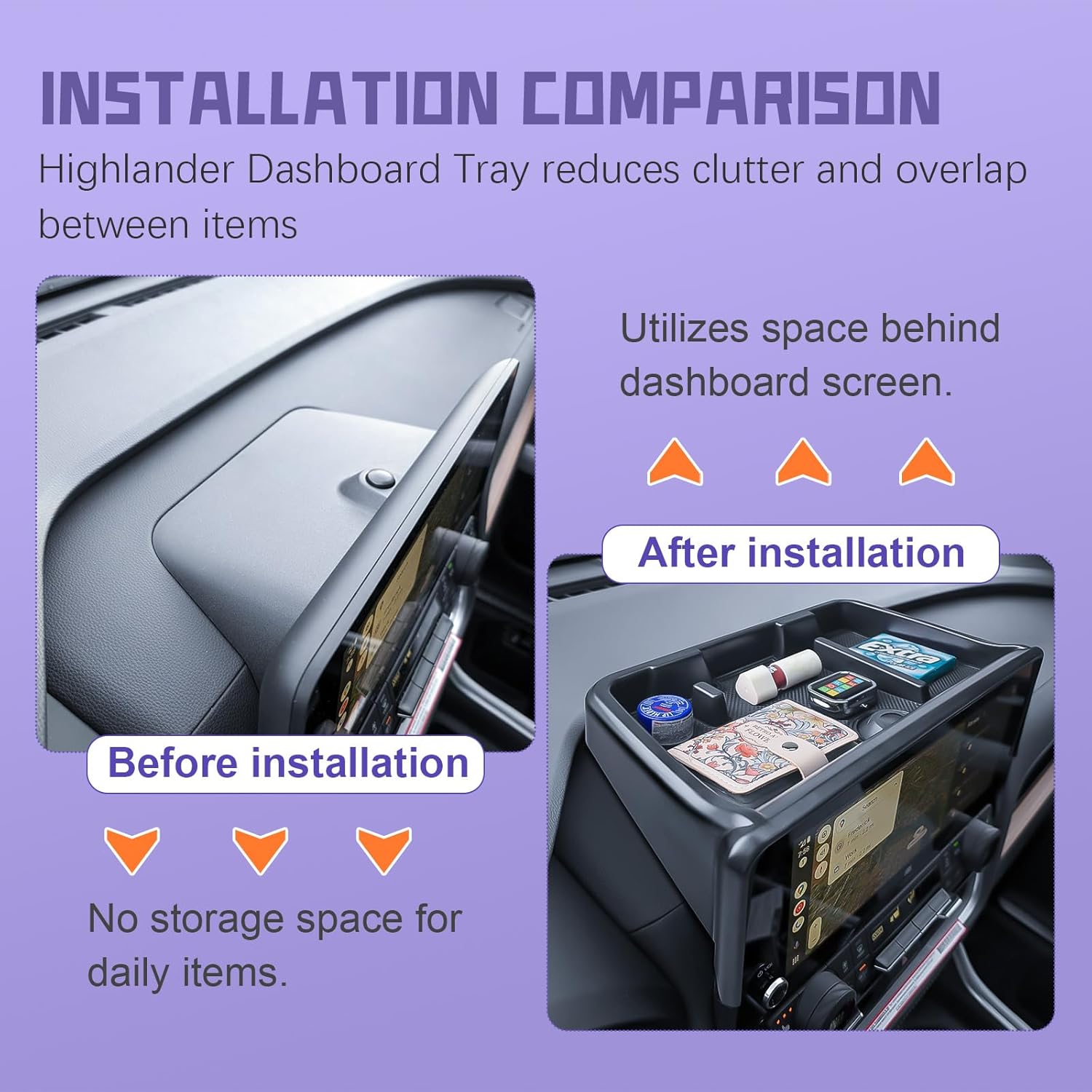 RUNROAD For Highlander Dashboard Behind Screen Organizer Tray Compatible with 2024 2025 2026 Grand Highlander Accessories, Dash Board Storage Tray Center Console Armrest Storage Box Sunglasses Holder