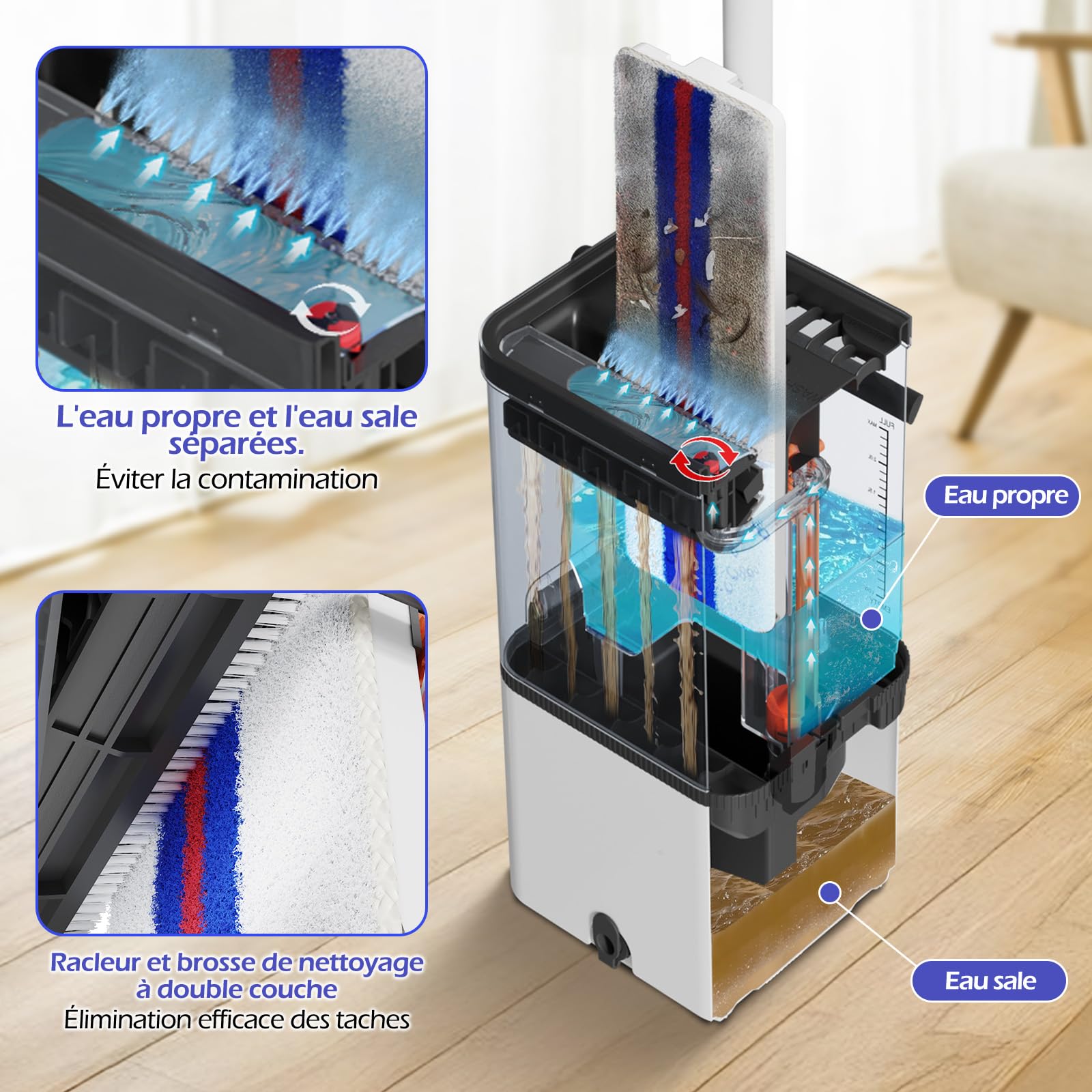 Serpillère Seau Essoreur avec Séparation Eau Propre et Sale, Balai Serpillère Plat Microfibre avec 2 Coussinets, Amovible Seau Essoreur avec Serpillère de Nettoyage pour Sols(Blanc)