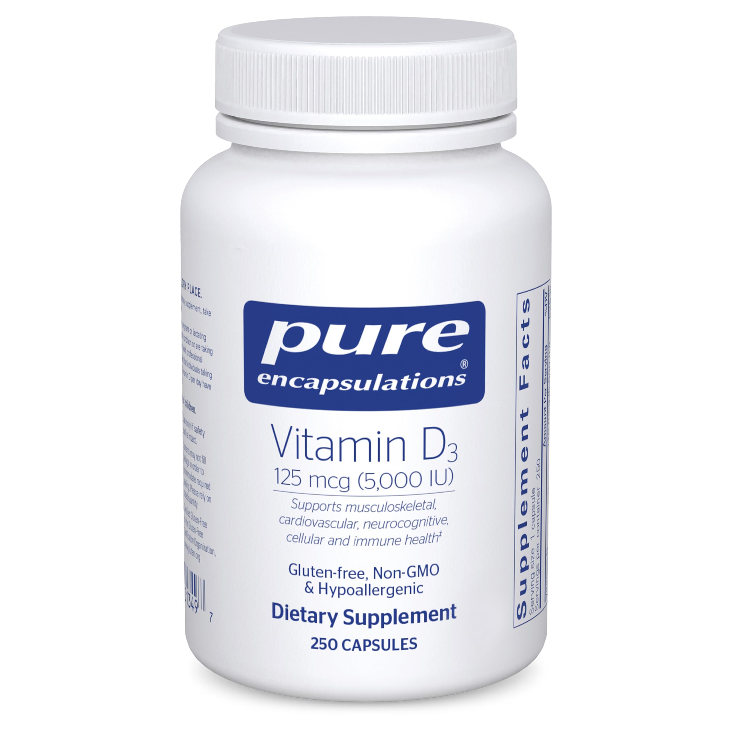 Pure Encapsulations Vitamin D3 125 mcg (5,000 IU) - Supplement to Support Bone, Joint, Breast, Heart, Colon, and Immune Health* - with Vitamin D - 250 Capsules