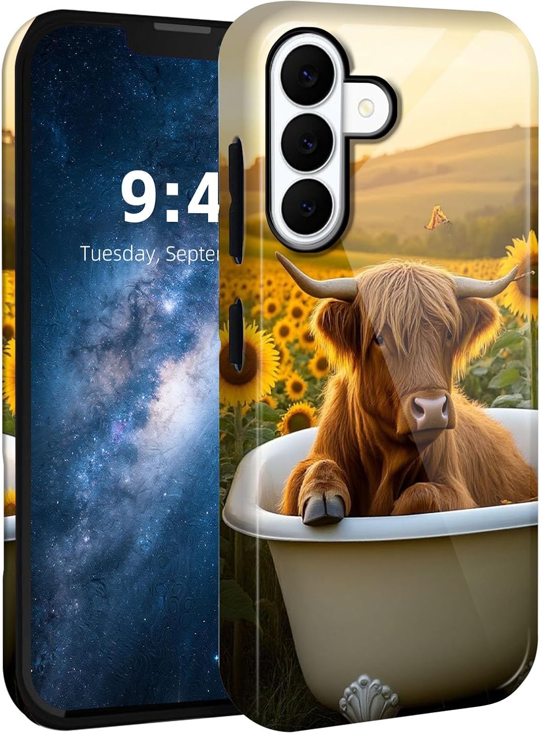 for Samsung Galaxy S25 FE Phone Case, Dual Layer Hard Shell Silicone Cover for S25 FE, Glossy Shockproof Phone Case, Compatible with Wireless Charging, Starry Sky Black Cat