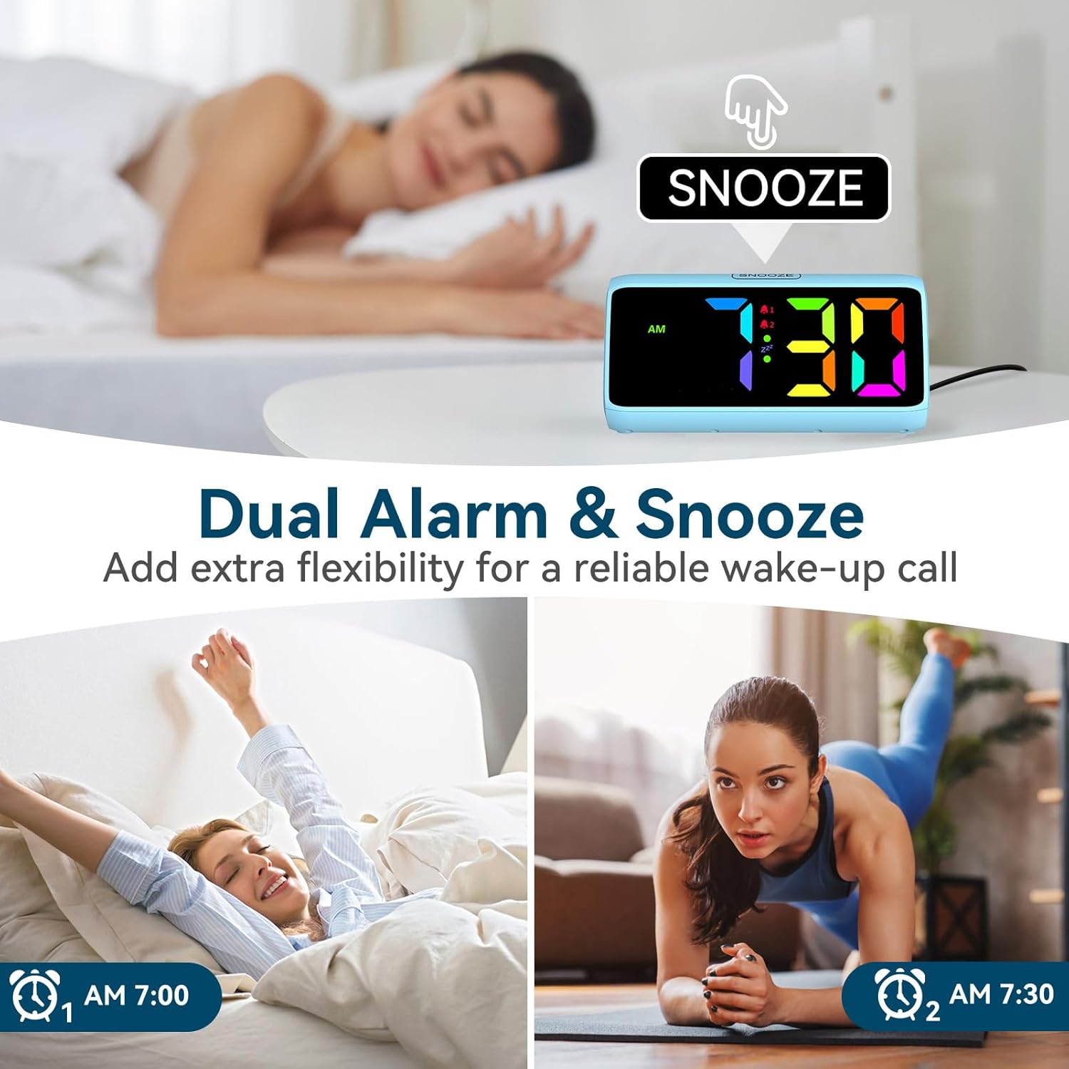 Two scenarios showing dual alarm use: waking up at 7:00 AM and working out at 7:30 AM.