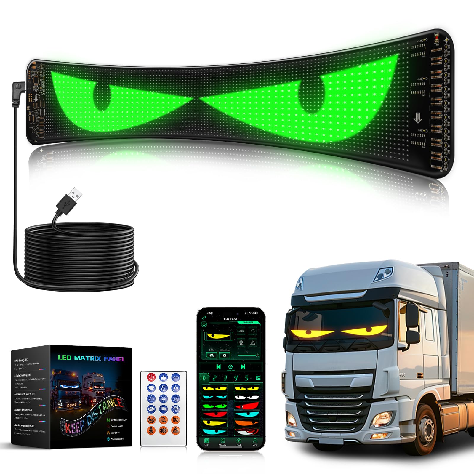 Ojos LED para Camión y Coche, Luces Devil Eyes para Auto, Pantalla LED Flexible y Programable, Letrero Deslizante Personalizable para Publicidad y Señalización (1ud 60x12cm)