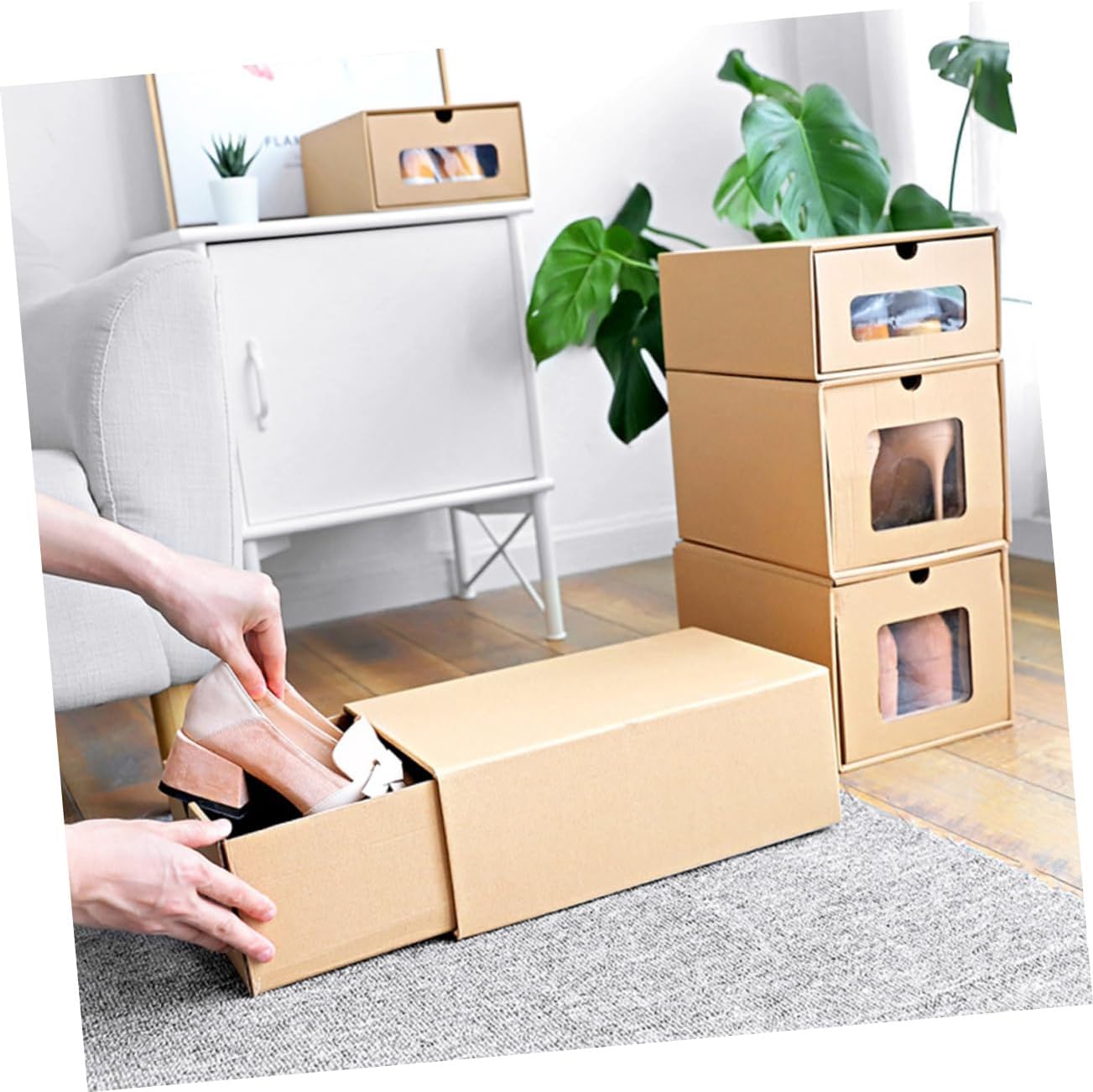 KOMBIUDA Foldable Drawer Shoe Box Organizer Thickened Cowhide Paper Storage Case for Home High Heels