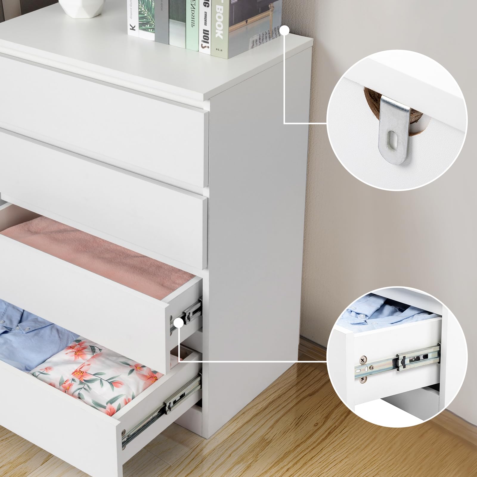 Bonnlo Kommode Weiß mit 4 Schubladen – Moderner, Stabiler Schubladenschrank, Sideboard, Nachttisch mit viel Stauraum aus P2-Holz, 60 x 38 x 78 cm, für Wohnzimmer, Schlafzimmer, Flur oder Büro