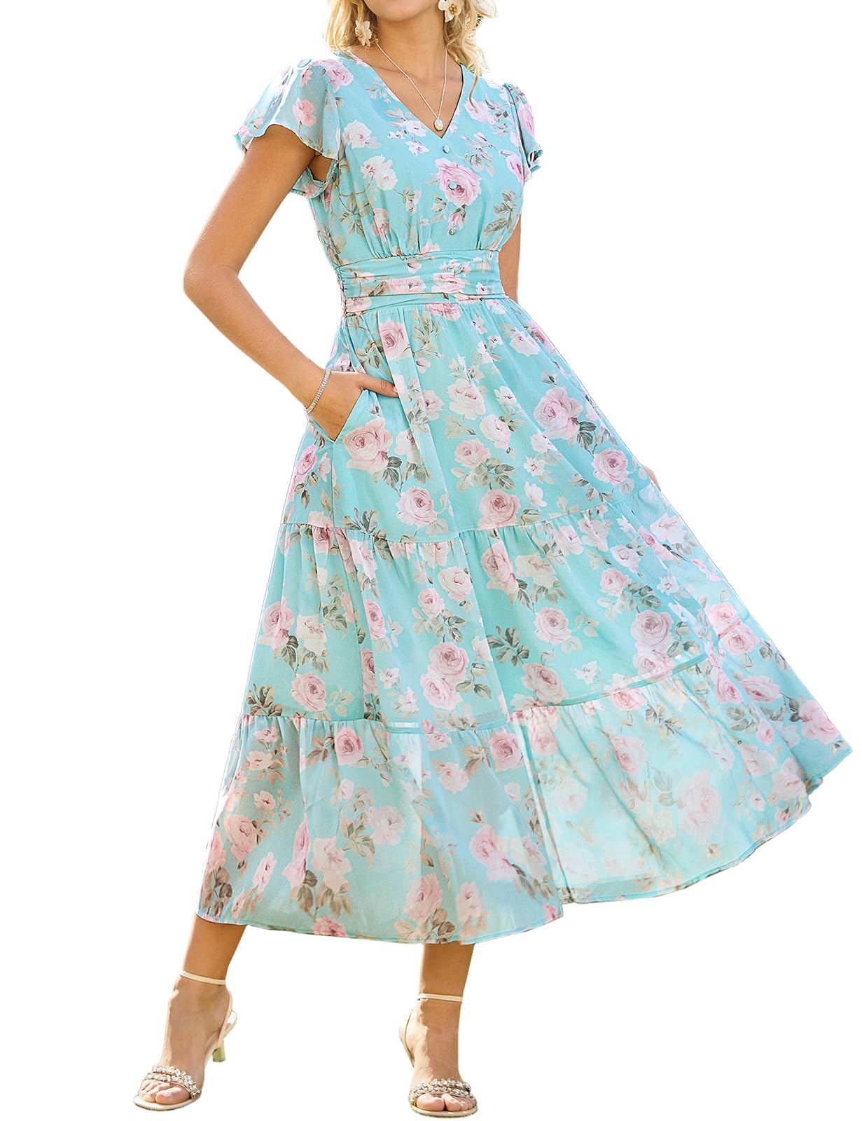 GRACE KARIN Damen Rüschenärmel V-Ausschnitt Midikleid A-Linie Blume Sommerkleid Mit Taschen