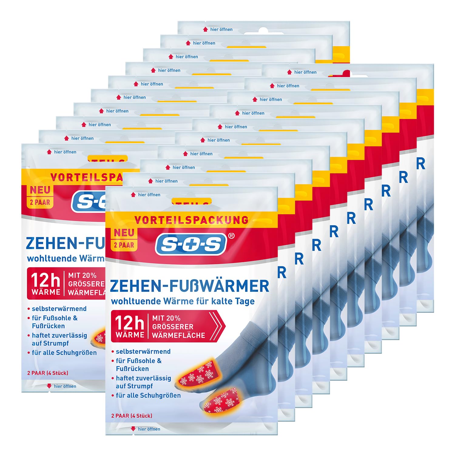 SOS Zehen-Fußwärmer – Wärmepads für bis zu 12 Stunden Wärme – für alle Schuhgrößen – haftet zuverlässig auf der Socke – ideal für Spaziergänge, Wintersport & kalte Tage