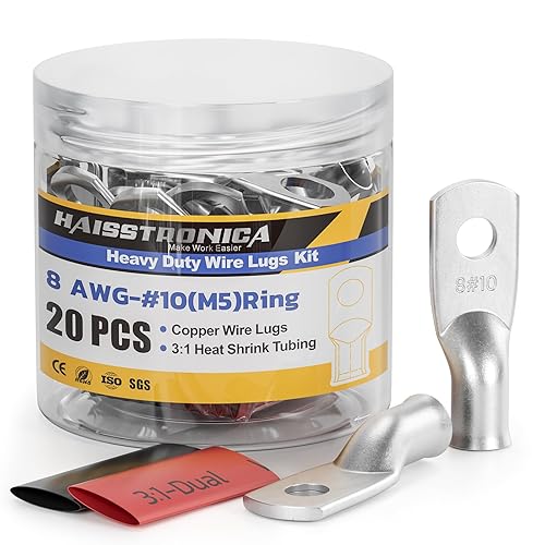 haisstronica 10 piezas de lengüetas de batería de cobre estañado de 8 AWG - #10, lengüetas de alambre de cobre resistentes con 10 piezas de tubos
