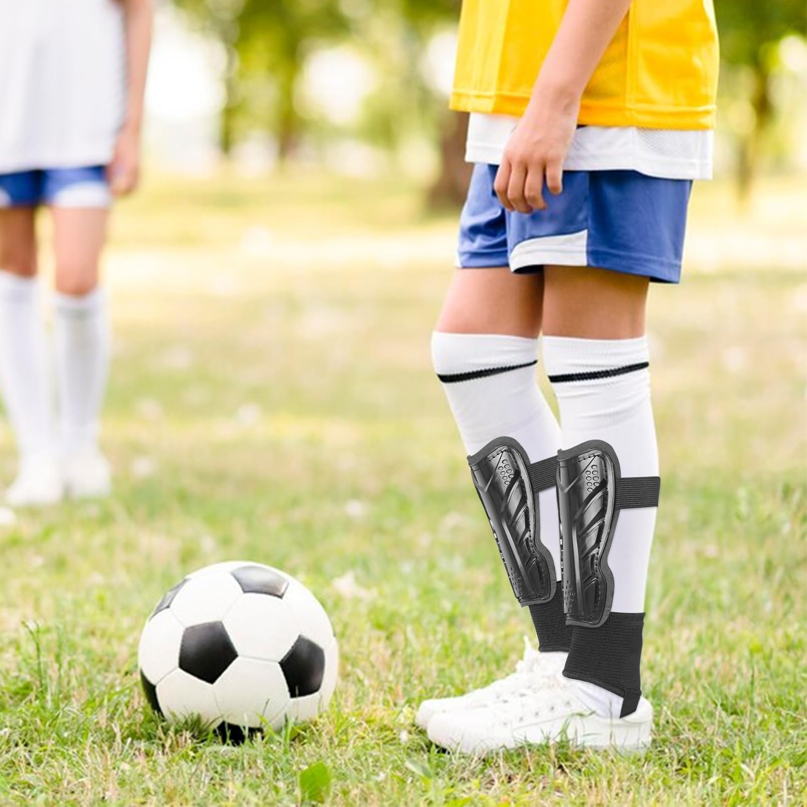 Protège-tibias Football + Chaussettes - Lot Enfant/ado/adulte, Tailles S/M/L - Réglables Velcro, Protection Mollet/tibia - Couleur Bleu