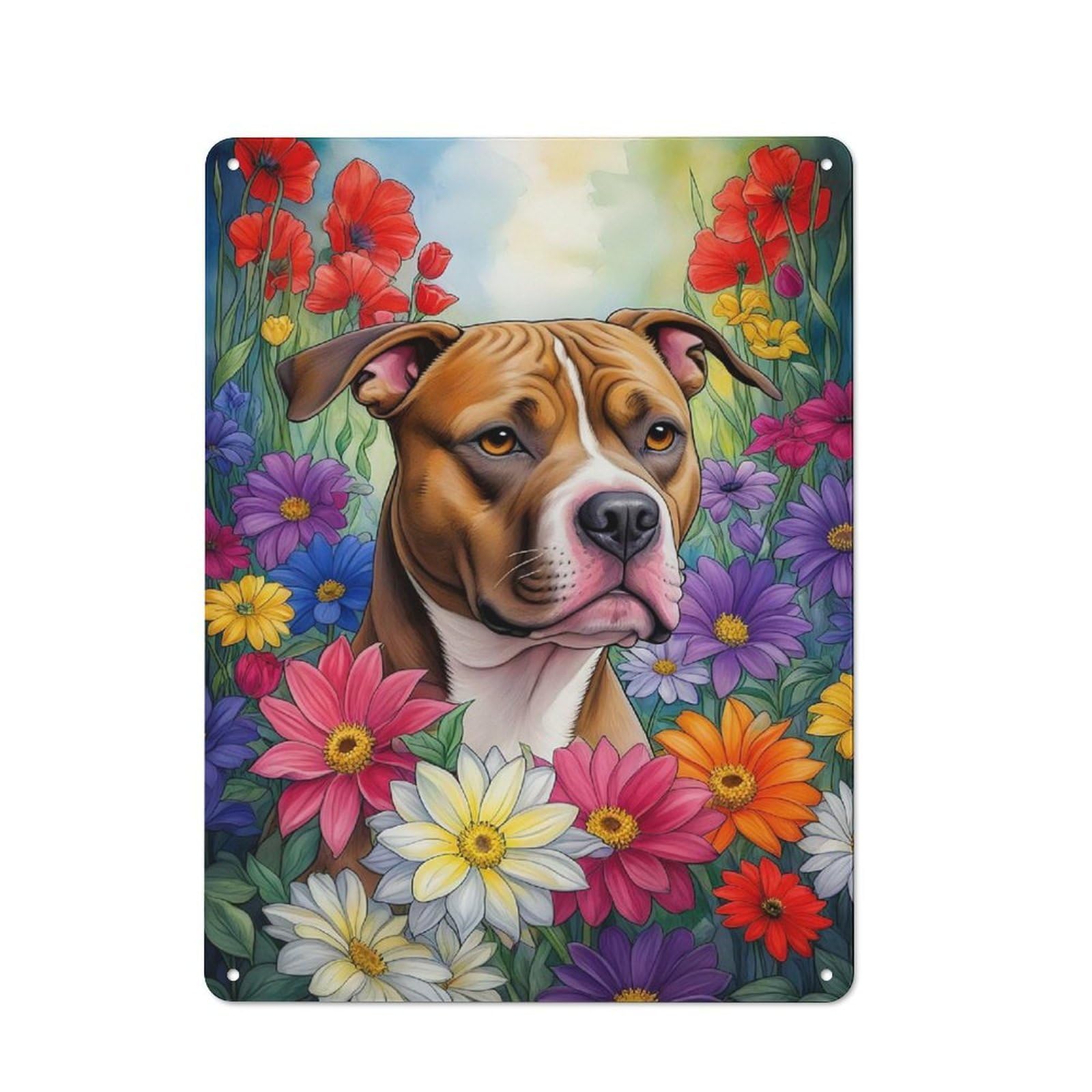 Pitbull in Flower Garden Tin Sign 40x30cm, Garage Style Workshop Wall Decor for Garage, Workshop, Shed Or Utility Room