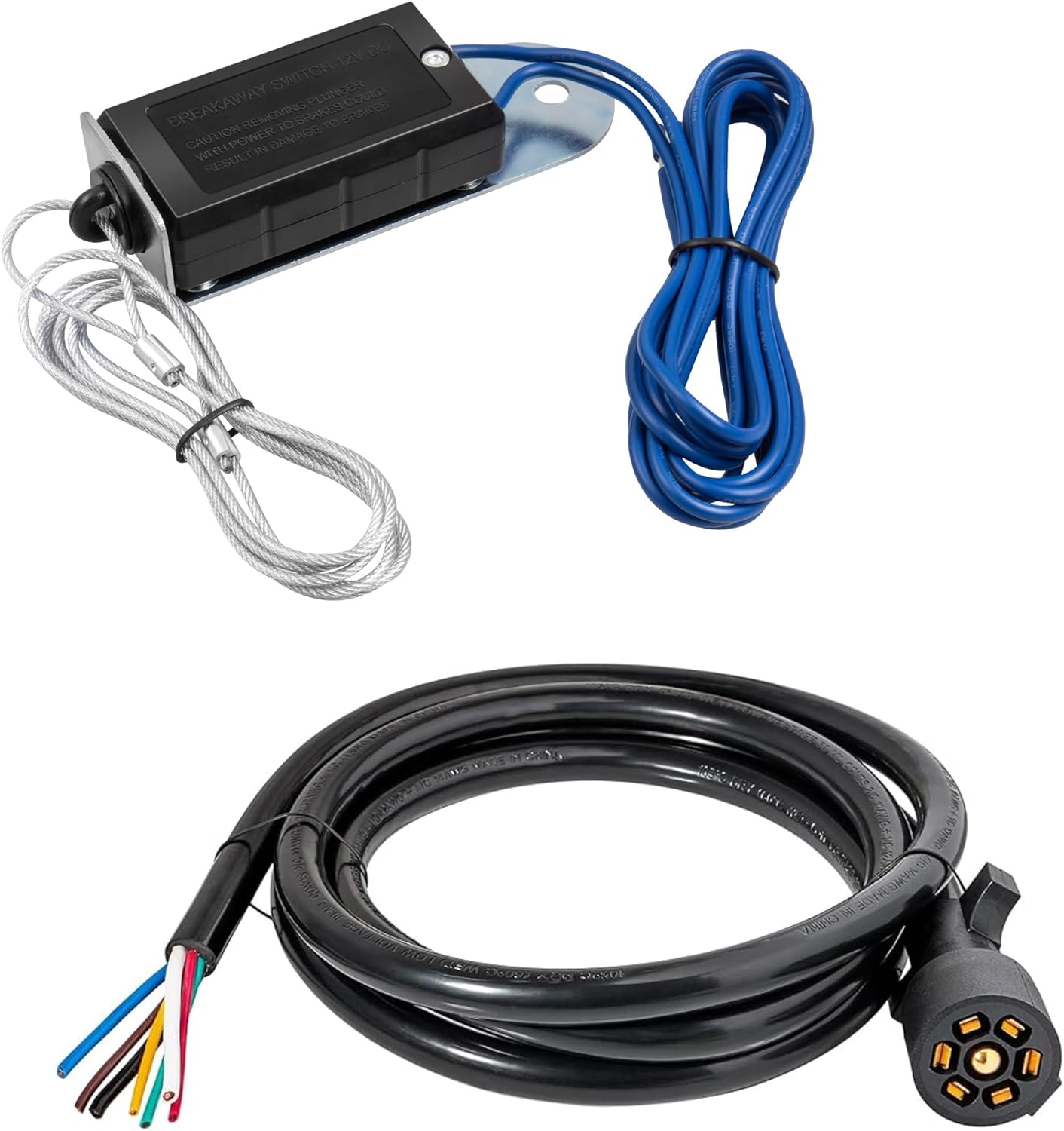 Oyviny Heavy Duty 7 Pin Trailer Plug Cord with Double Prongs Connector 8 Feet + 4 FT Breakaway Trailer Cable