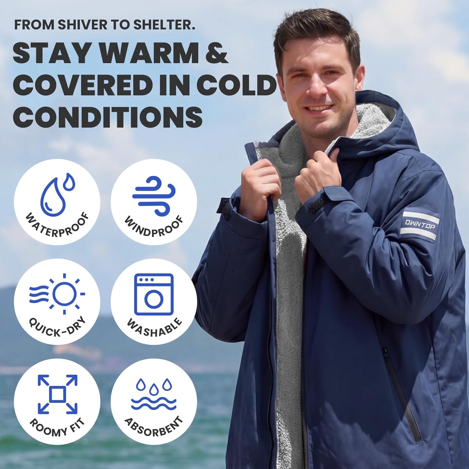 Owntop Swim Parka Kids Adult | Waterproof & Sherpa Lining | Velcro Arm Patch | Oversized Hooded Surf Poncho Changing Robe - Image 4