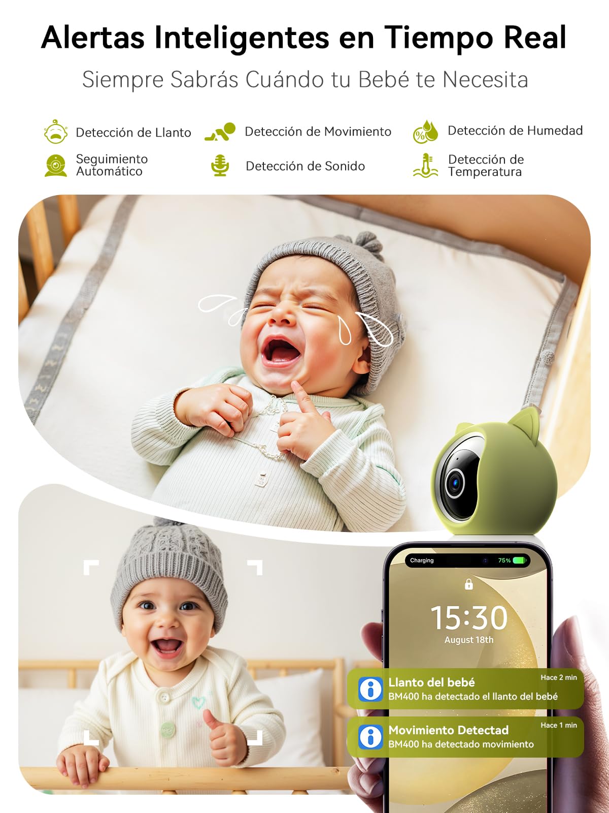 Outinput 2K 4MP Camara Vigilancia Bebe WiFi Interior, 355° Vigilabebes con Camara, App Remoto, Seguimiento Detección Automático, Audio de 2 Vías, Visión Nocturna, Alertas de Feed, 6 Canciones de Cuna