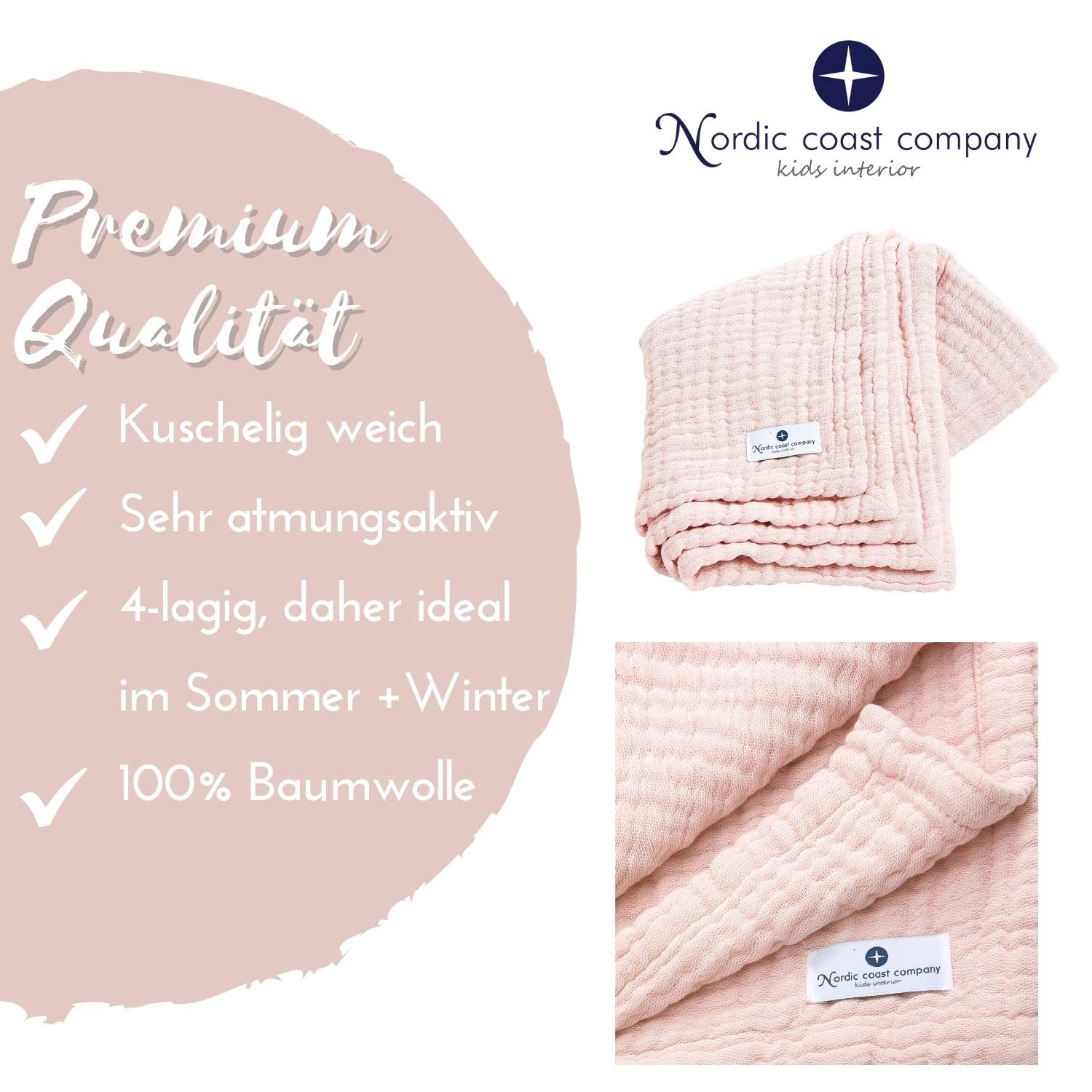 nordic coast company® Paño de Muselina bébé, Alfombra de Gateo para bebés, 90 x 120 cm, Manta de Muselina Rosa