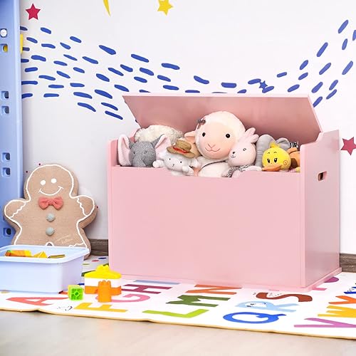 Miniatura 2 de Costzon Baúl de madera para juguetes para niños, caja ancha de almacenamiento para juguetes con asiento de banco, caja de almacenamiento de juguetes