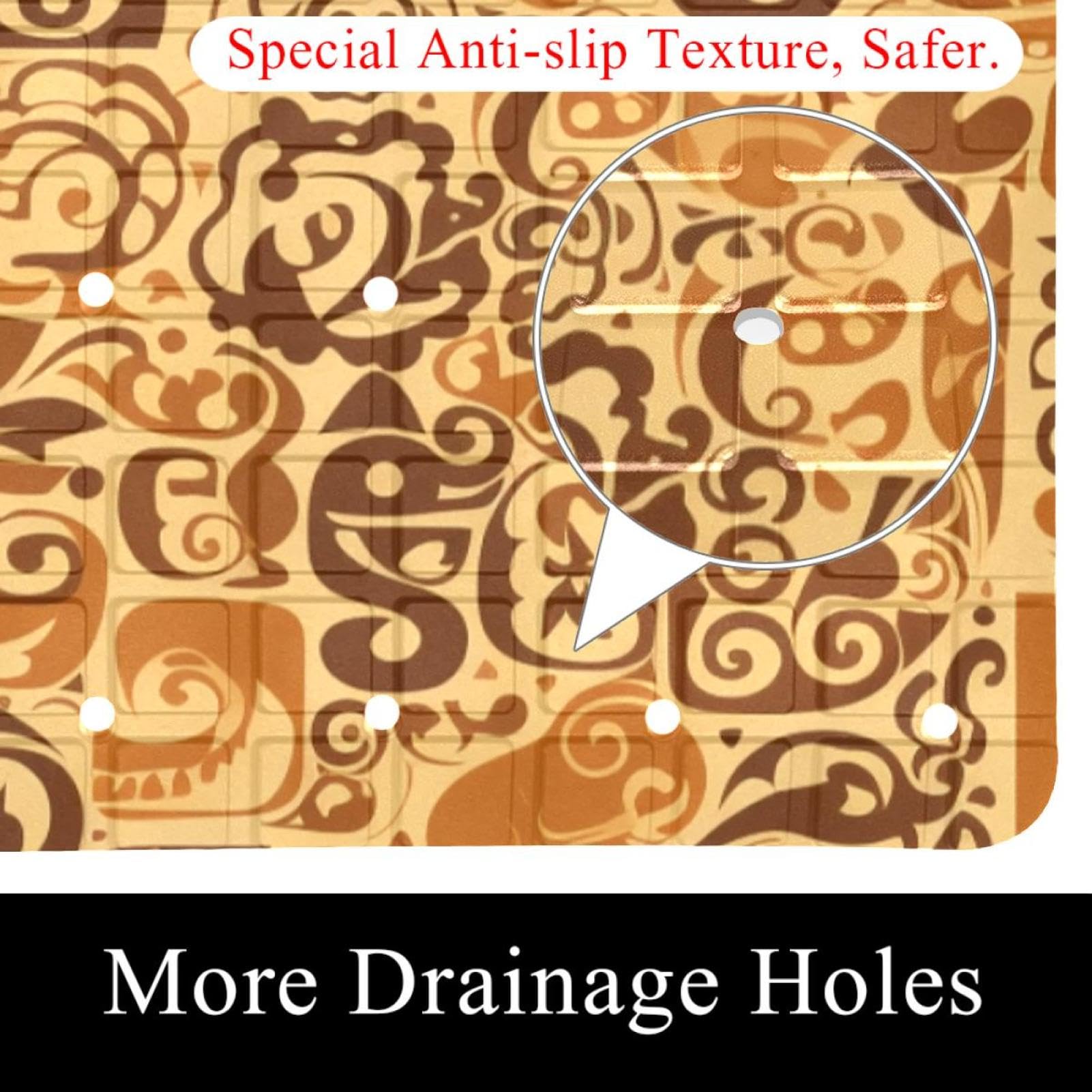 Tapis de douche antidérapant avec lettres et chiffres sur fond marron - 38,5 x 68 cm - Tapis de douche en caoutchouc antidérapant avec trous de drainage et ventouses - Lavable en machine