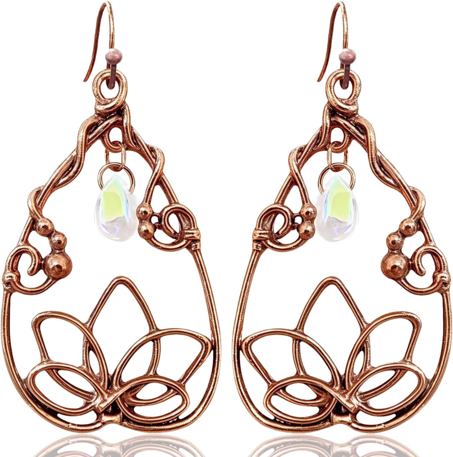 Bohemian Vintage Copper Lotus Flower Dangle Drop Earrings Handmade Sparkly Crystal Teardrop Hook Earrings for Women