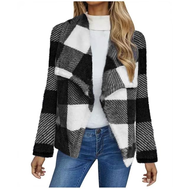 Womens Flannel Jacket Fleece Warm Jacket Fall Trendy Jackets Casual Plaid Jacket Open Front Lapel Coat Clothes