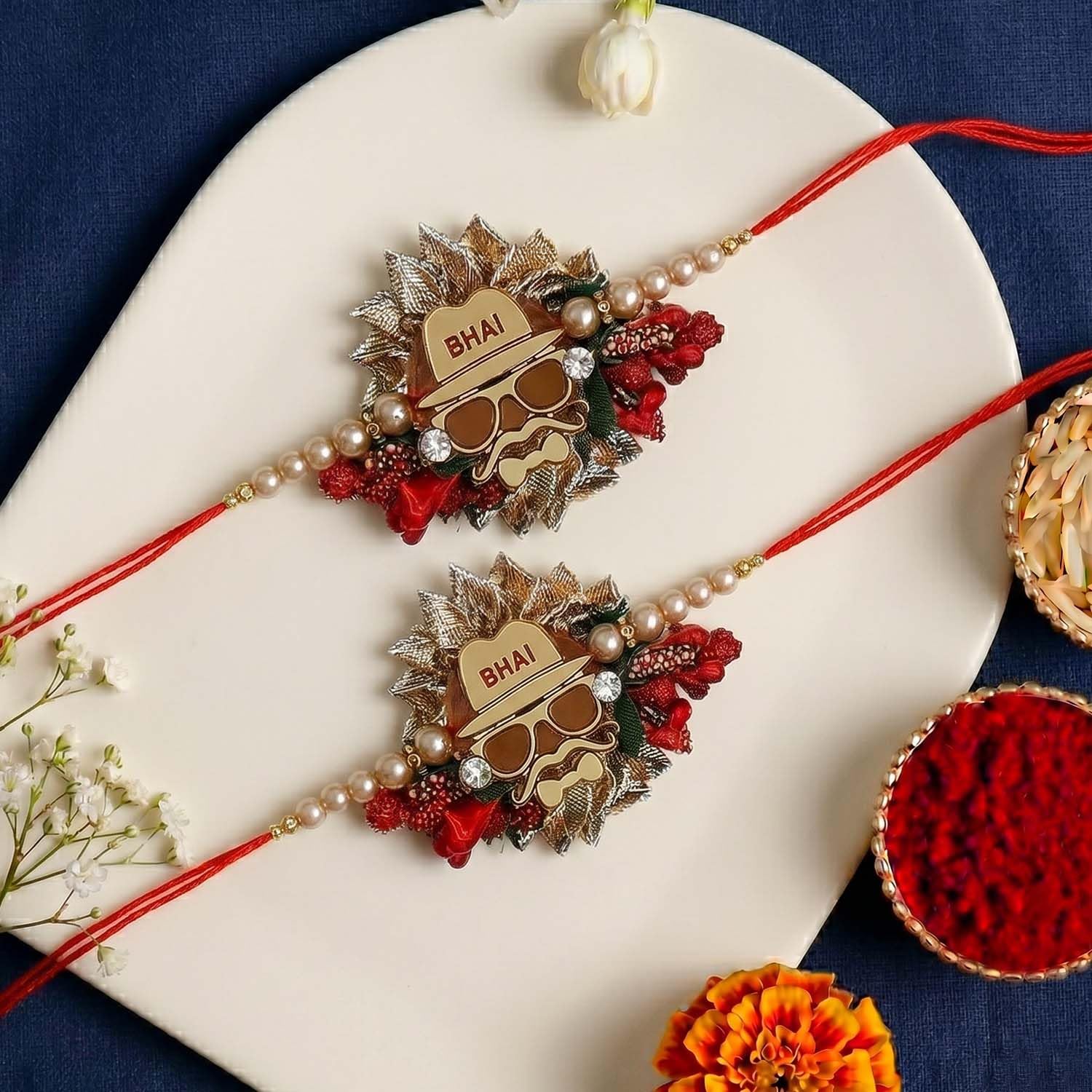 ascension Flower Gotta bhai kundan Meena Rakhi Raksha Bandhan Band Bracelet Stone Pearl Designer Rakhi for Brother bhaiya with Roli Tilak Pack (Pack of 2)-picture-6
