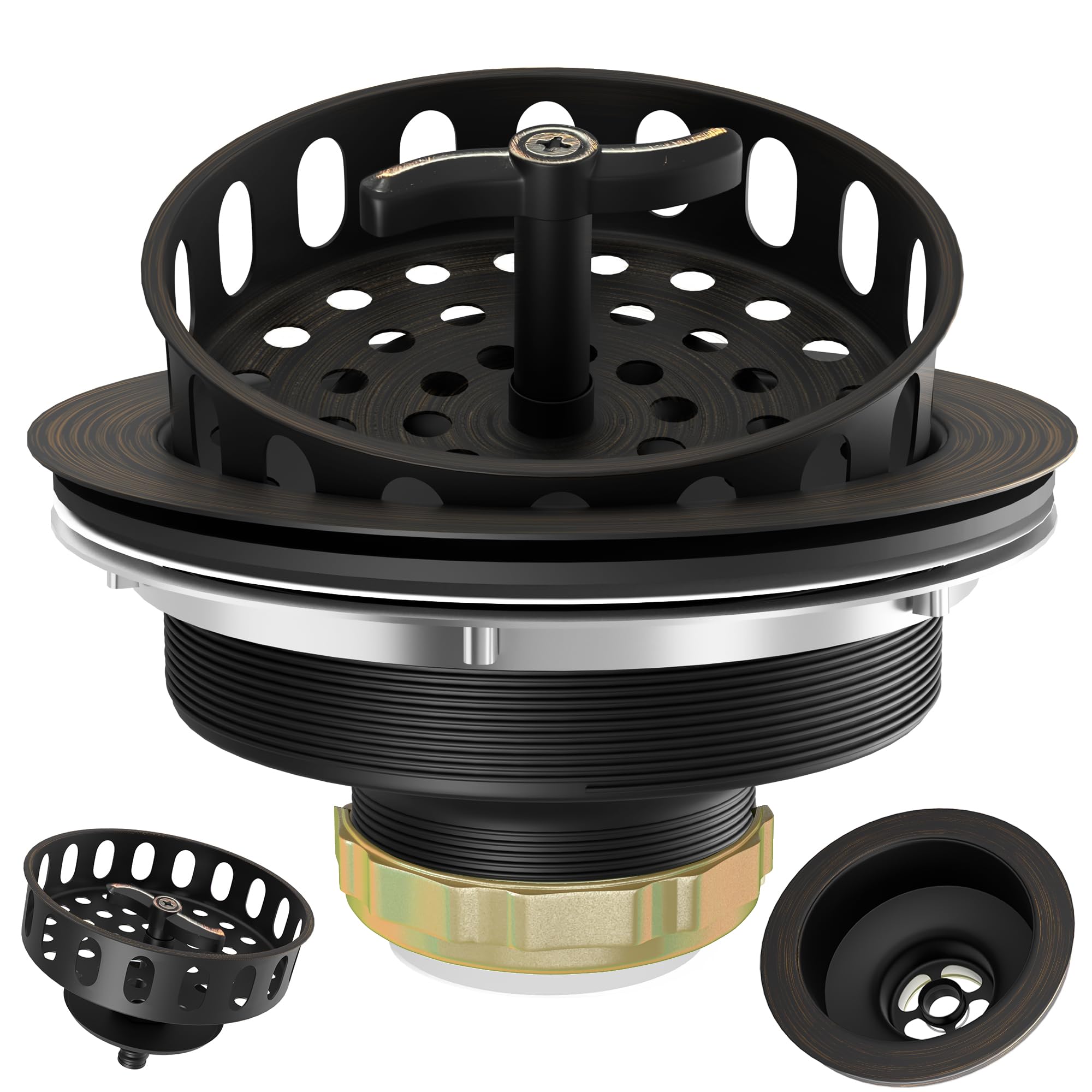Kitchen Sink Drain Assembly 3-1/2 Inch Bronze Stainless Steel Kitchen Drain with T-Shaped Sink Strainer Basket and Drain Stopper for Standard Kitchen Sink Oil Rubbed Bronze