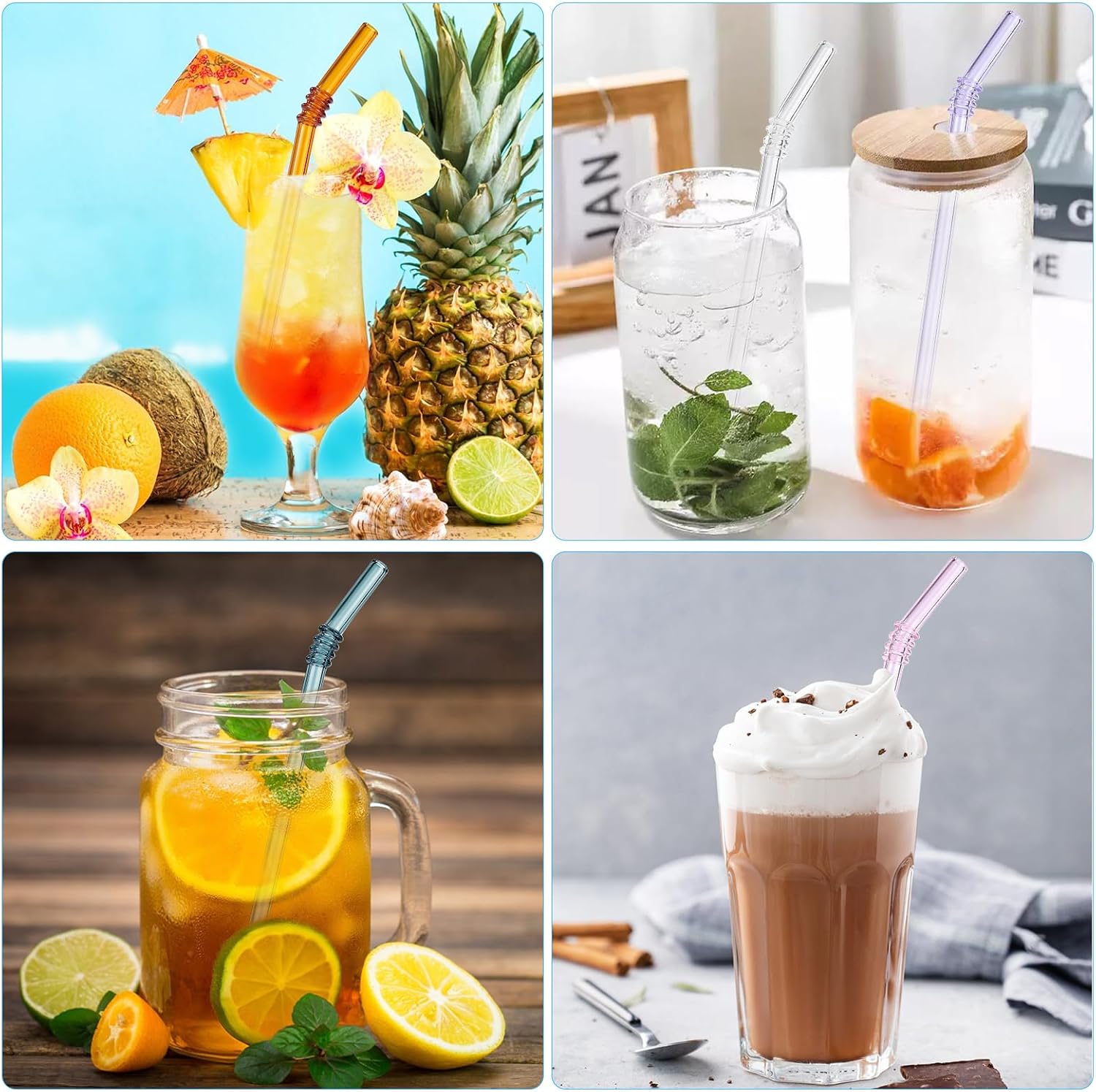 10 Pcs Reusable Bent Colored Glass Straws,8''x8 mm Shatter Resistant Cute Drinking Straws with 2 Cleaner Brush for 16 oz 18 oz Glass Cups and Home Drink Cups