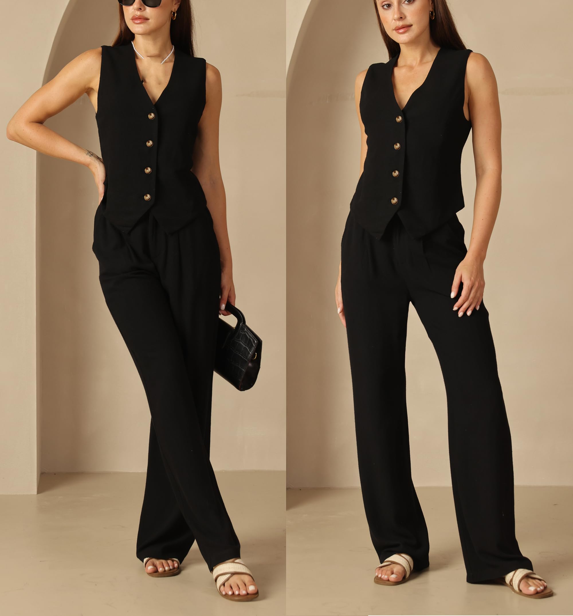 Fakanhui Conjunto de 2 piezas de lino para mujer, pantalones de pierna ancha, ropa de negocios