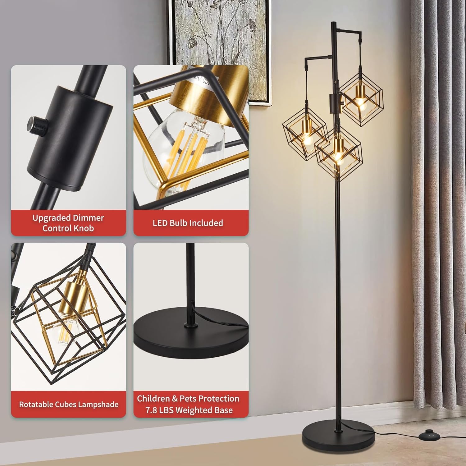 Dimmable Farmhouse Floor Lamp for Living Room, 3 Light Rustic Standing Tall Lamp, Modern Bright Floor Lamp, Industrial Standing Lamp for Bedroom, Tall Pole Lamps Office, 3 LED Bulbs Included.