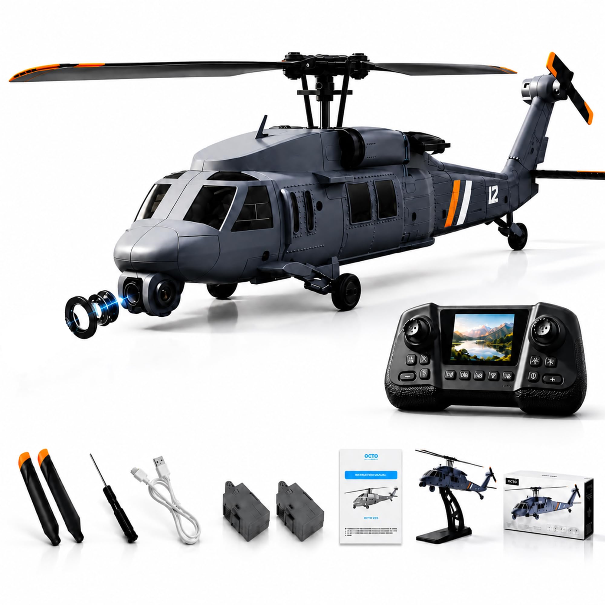 RC Helikopter Brushless 4CH mit Optical Flow, HD Display, 2 Akkus | Optical Flow, Ein-Knopf-Start/Landung, HD Display Controller, geeignet für Indoor-Flug und Erwachsene