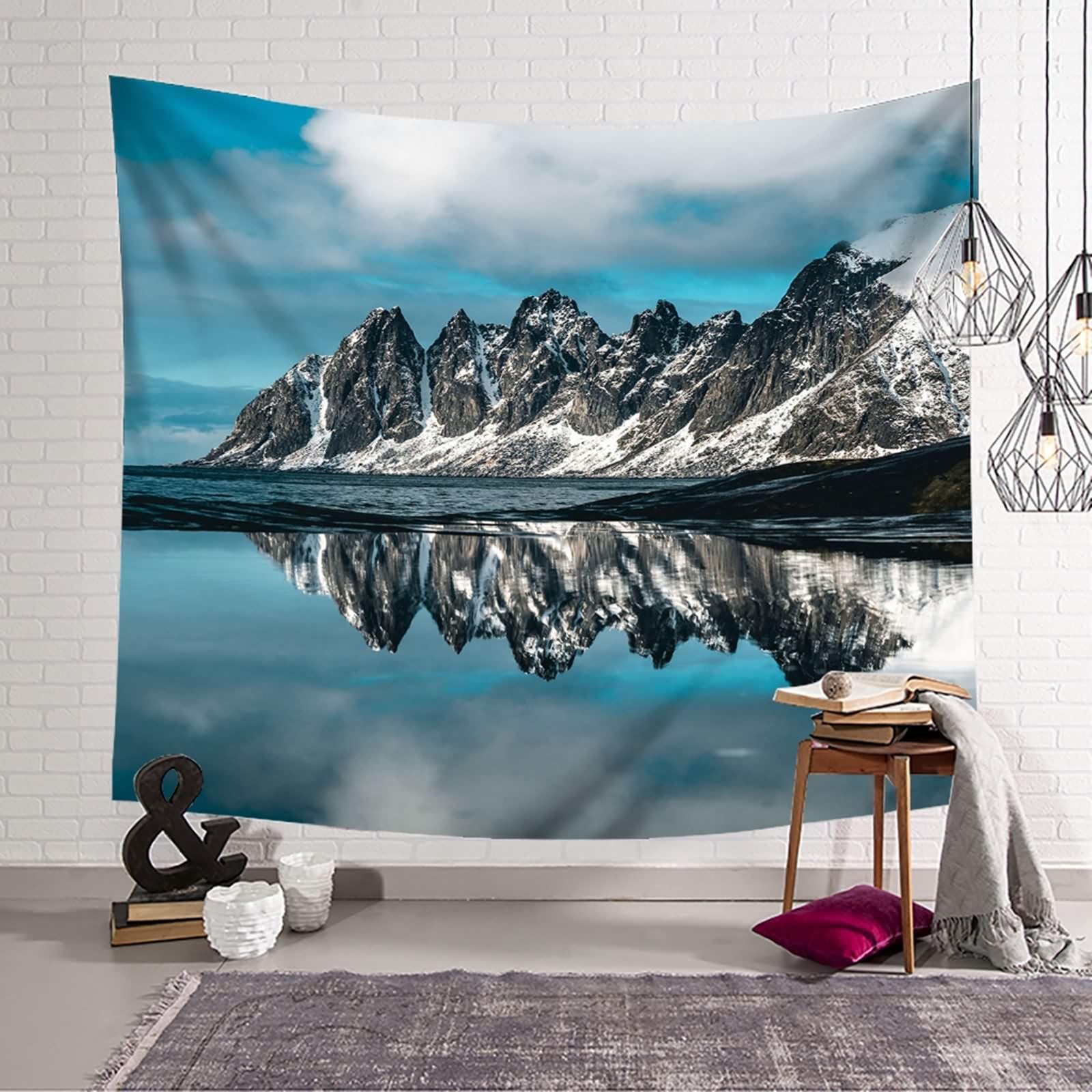 Tapiz de pared gris, azul y verde, poliéster para colgar en la pared, diseño natural de mar y montaña, para salón, dormitorio, decoración de pared, 260 x 240 cm