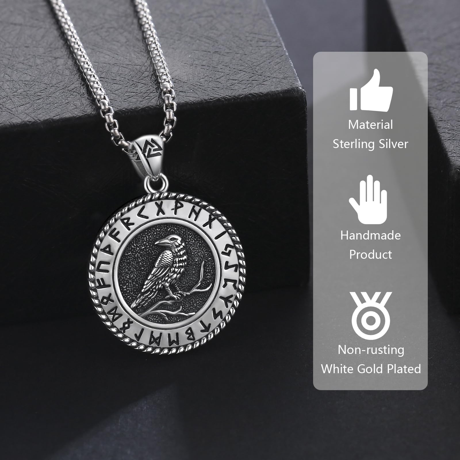 Wikinger Raben Halskette 925 Sterling Silber für Damen und Herren | Odin-Gungnir-Runenschmuck als Schutzamulett, Geschenk zu Geburtstag, Weihnachten, Vatertag und Jahrestag