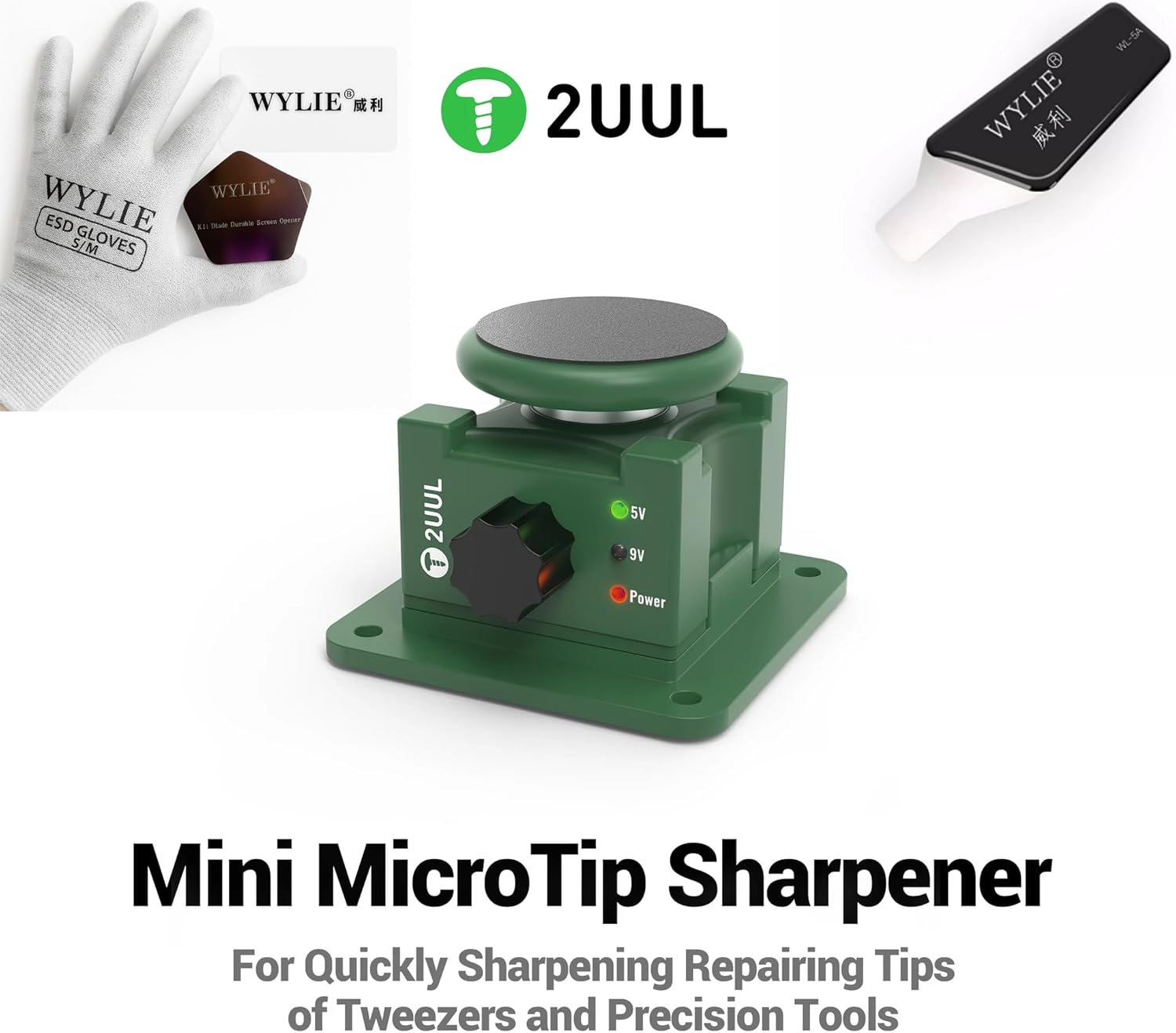 2UUL DA79 Mini MicroTip Sharpener for Tweezers and Precision Tools Green Includes 12 Grinding Sheets and Hand Polishing Pad WYLIE Professional Tools 5 Pack